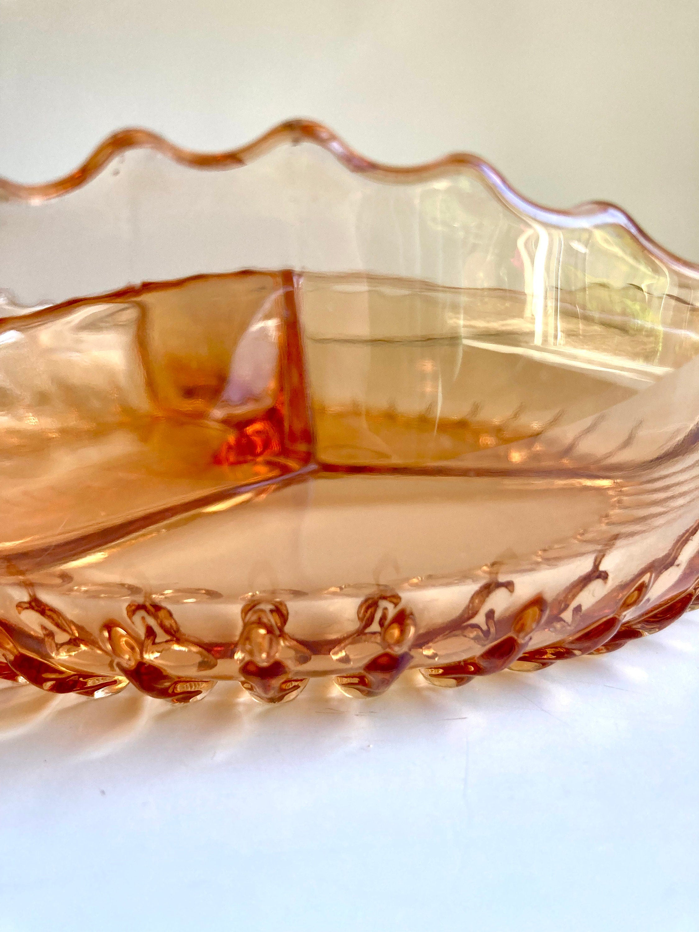 Vintage Amber Glass Divided Dish: Sawtooth Edge, 7-inch
