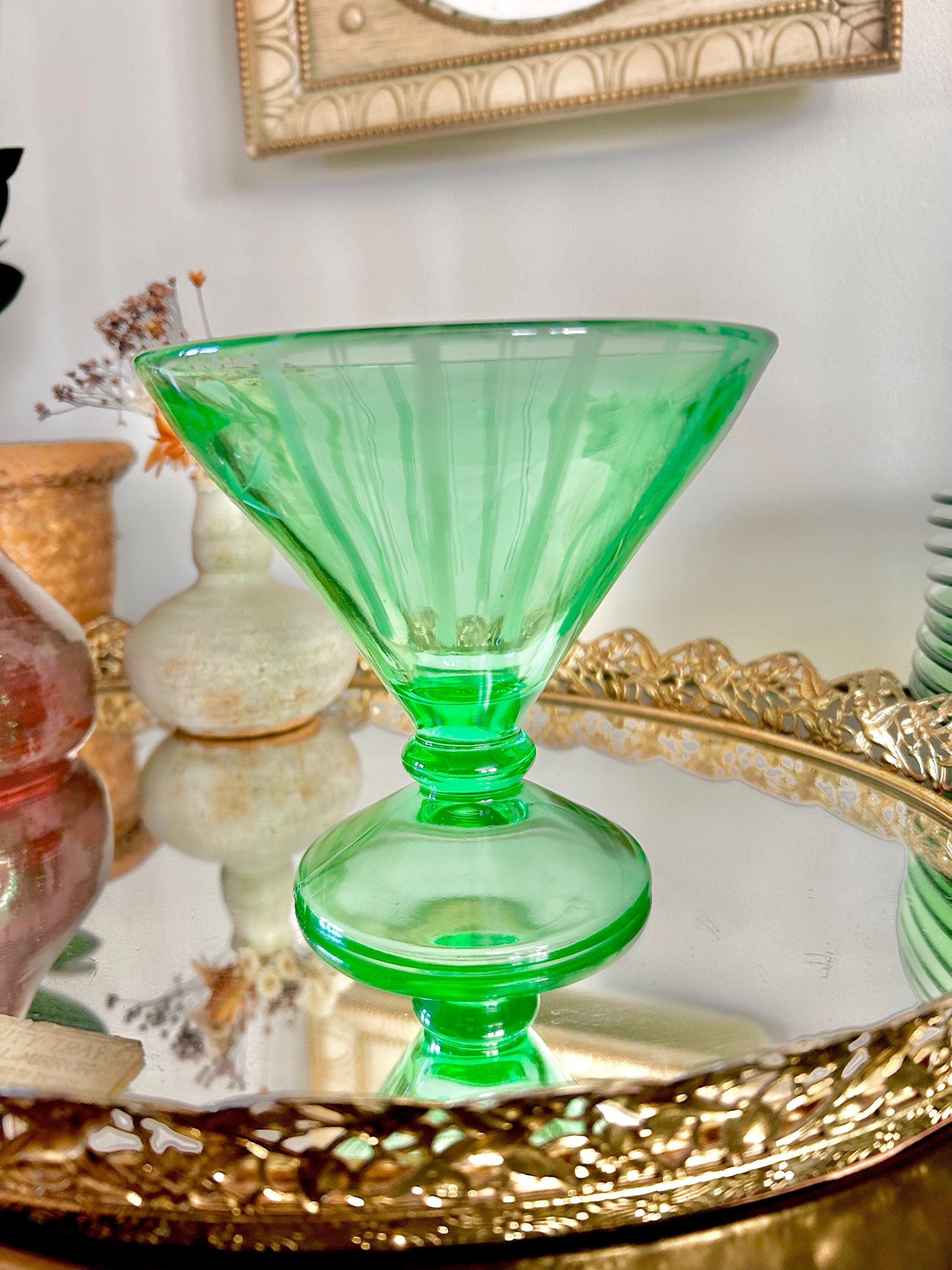 Vintage Uranium Green Heavy Pressed Glass Pedestal Sherbet Dish, Etched