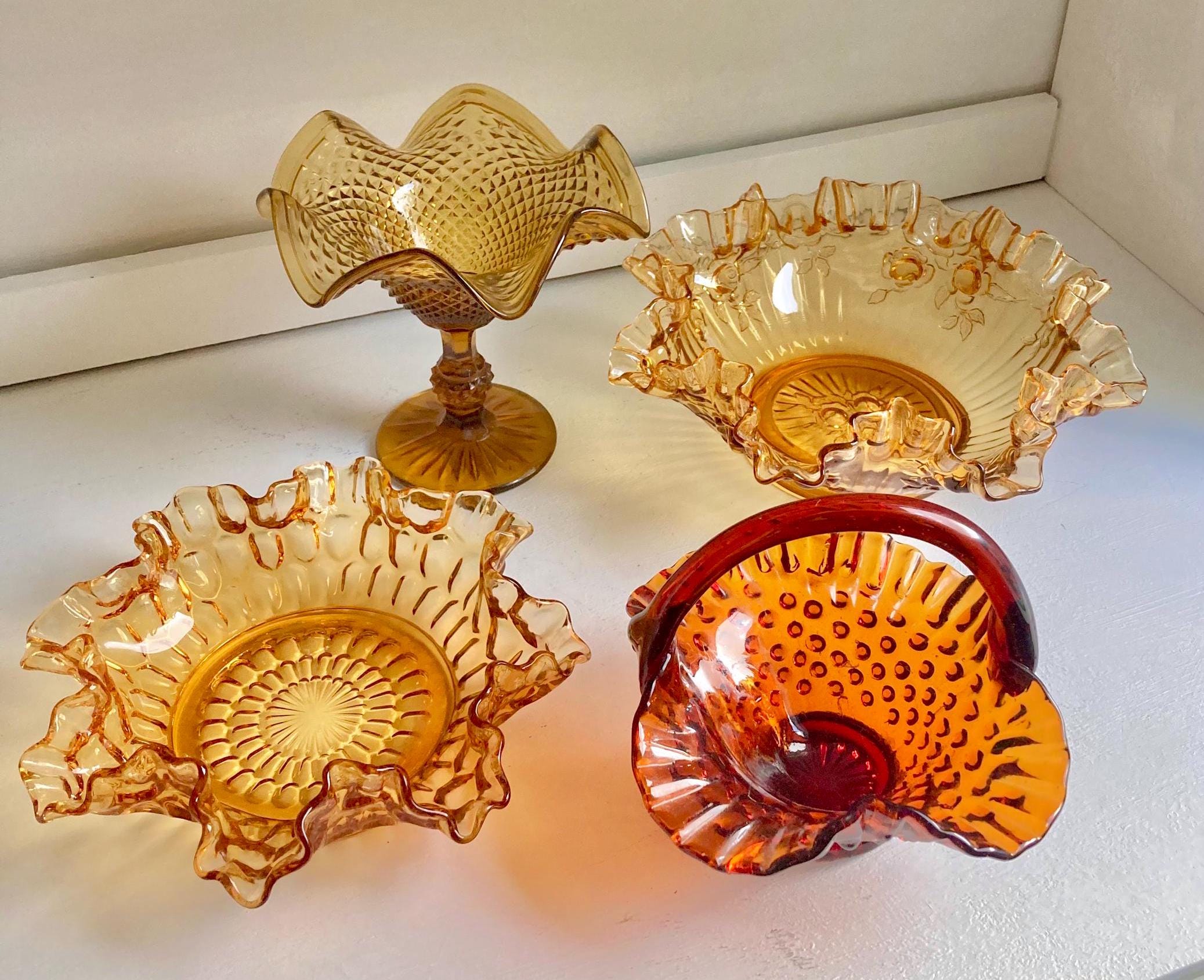 Vintage Amber Art Glass Bowl: Fenton, IVIMA Ruffled Rim Compote