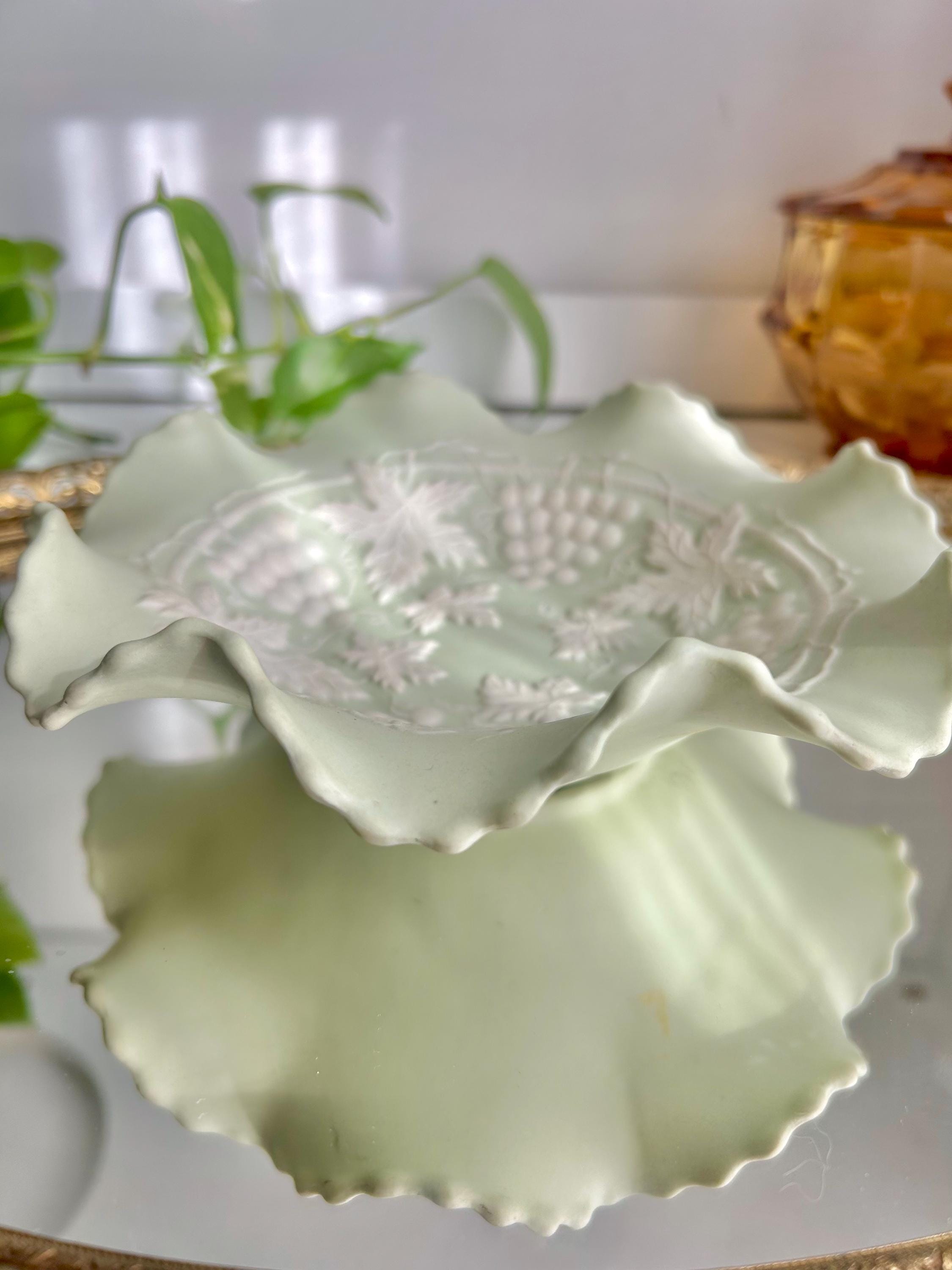 Vintage Bisque Ruffled Bowl: Pale Green Grape Vine Pattern