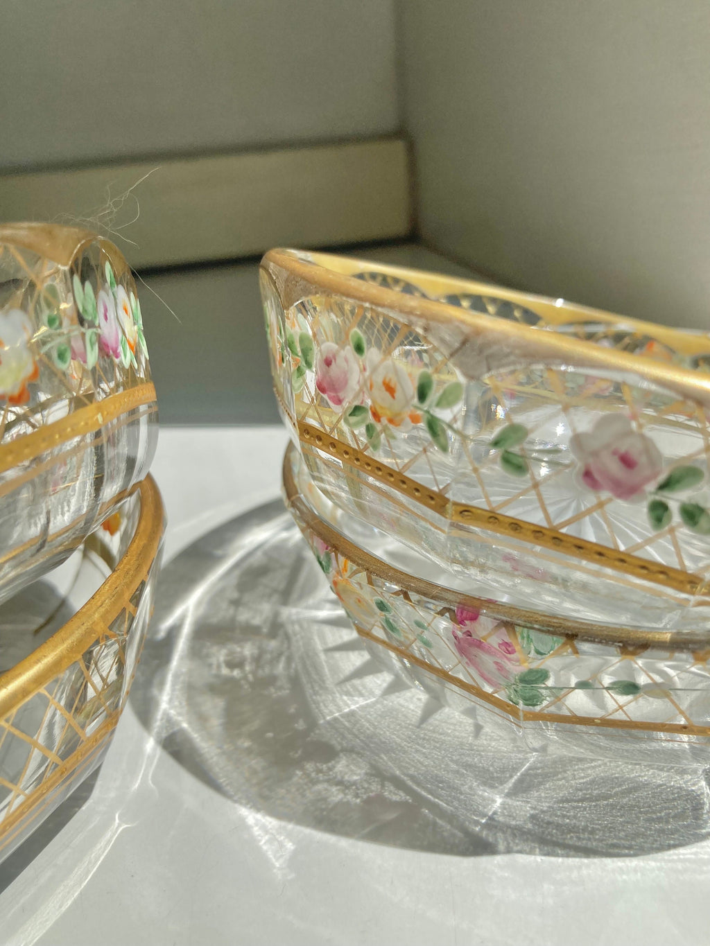 Vintage Hand-Painted Floral Glass Dessert Set: Gilt Sunburst Bowls & Jar