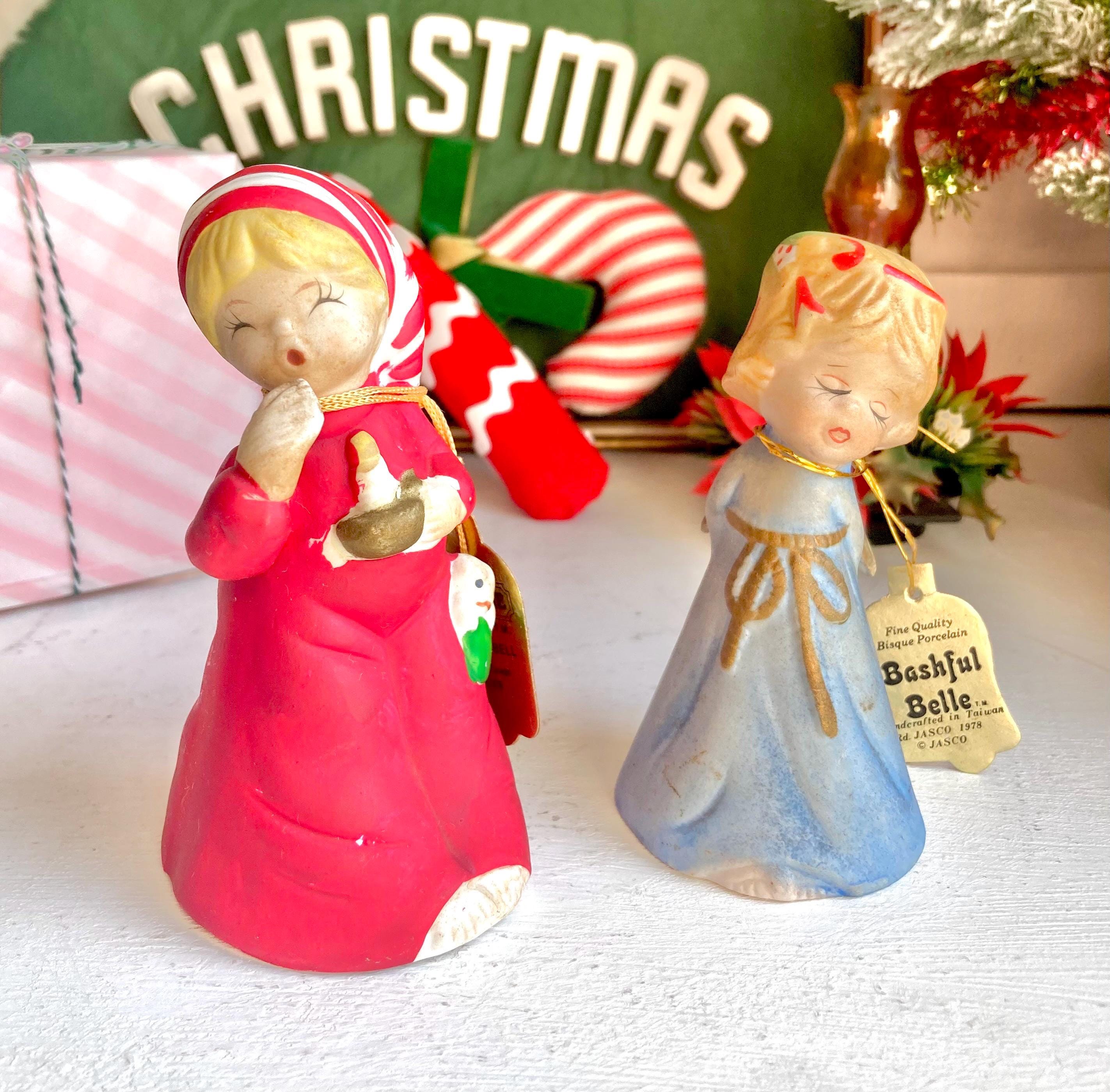Vintage JASCO Bisque Bell Figurines: Sleepy Girl & Bashful Angel, 1978 Taiwan