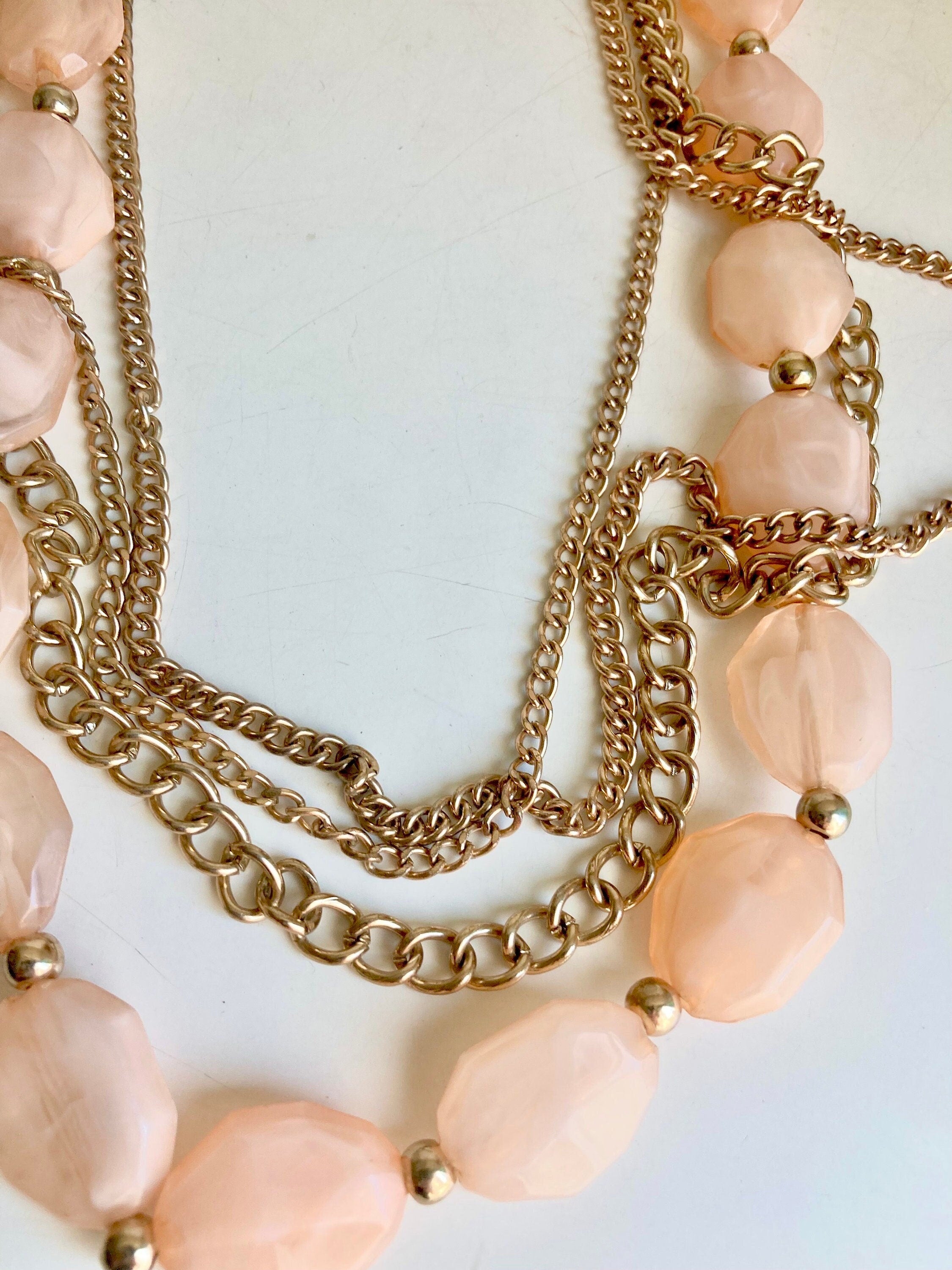 34" vintage Gold Tone Chain and Blush Pink Gem-Cut Beaded 4-Layered Necklace