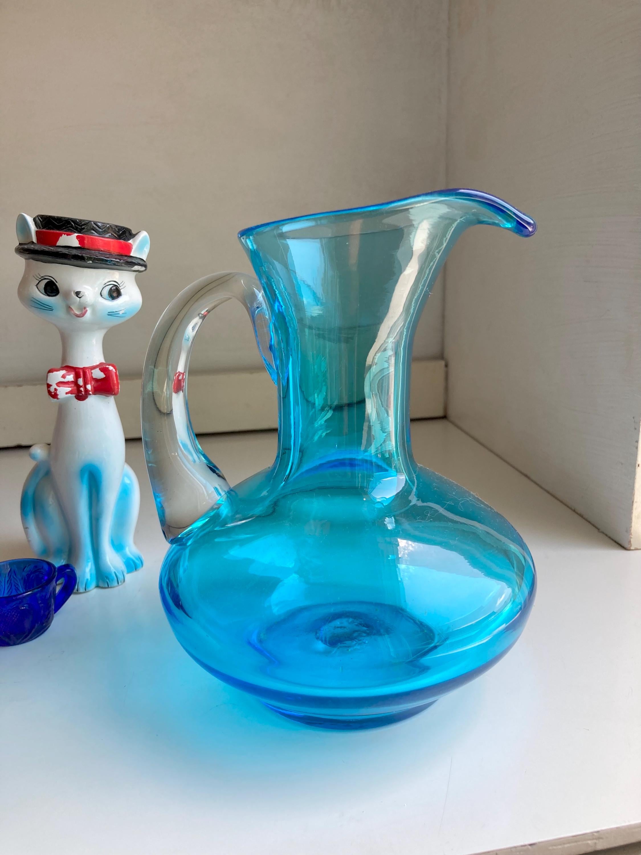 Vintage Blown Blue Glass Pitcher: Applied Clear Handle, Broad Base
