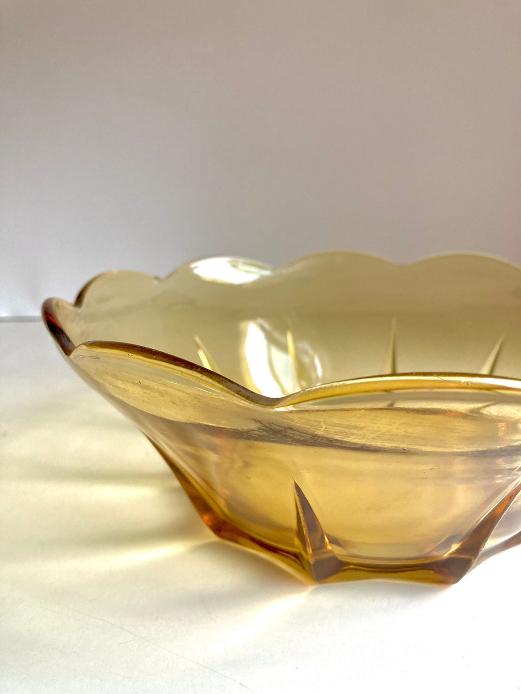 MCM Amber Glass Flower Bowl: Anchor Hocking Scalloped Bowl, 1960s Vintage