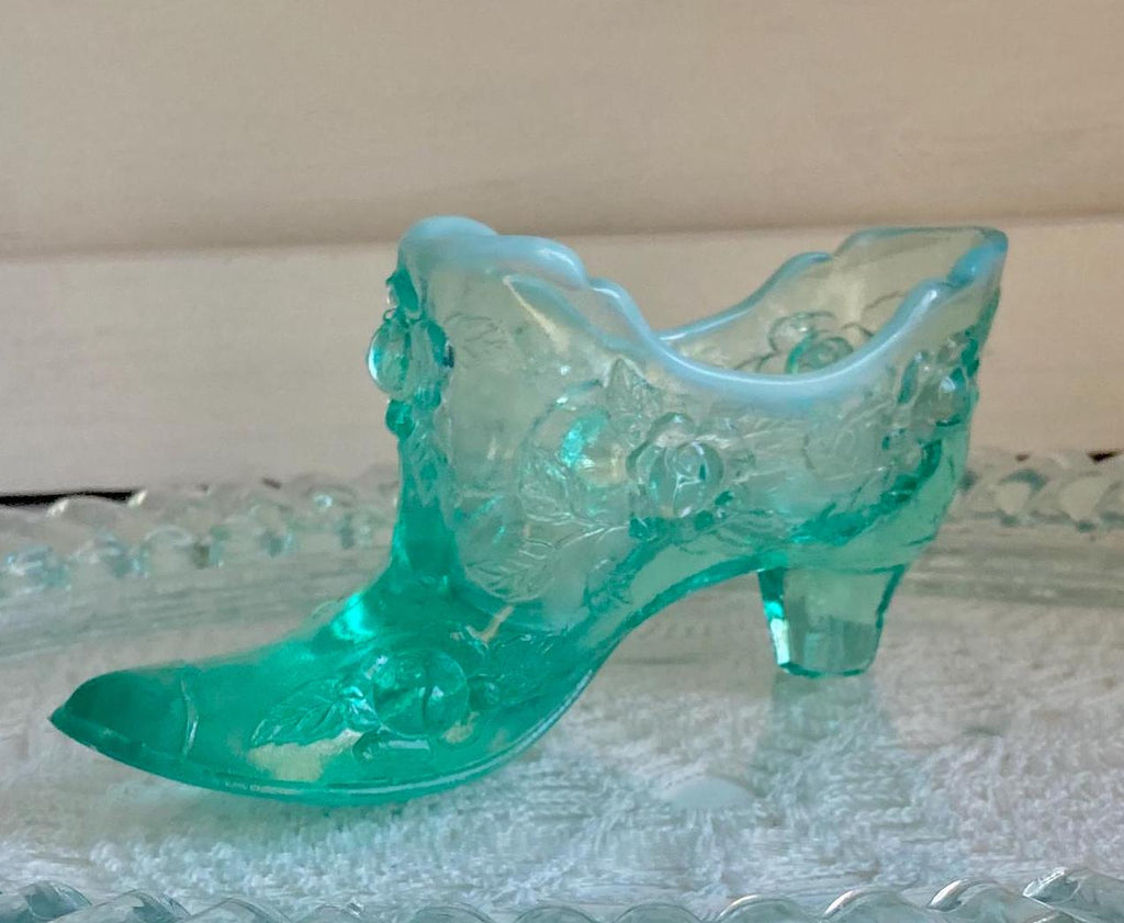 Vintage Aqua Blue Glass Ruffled Tray