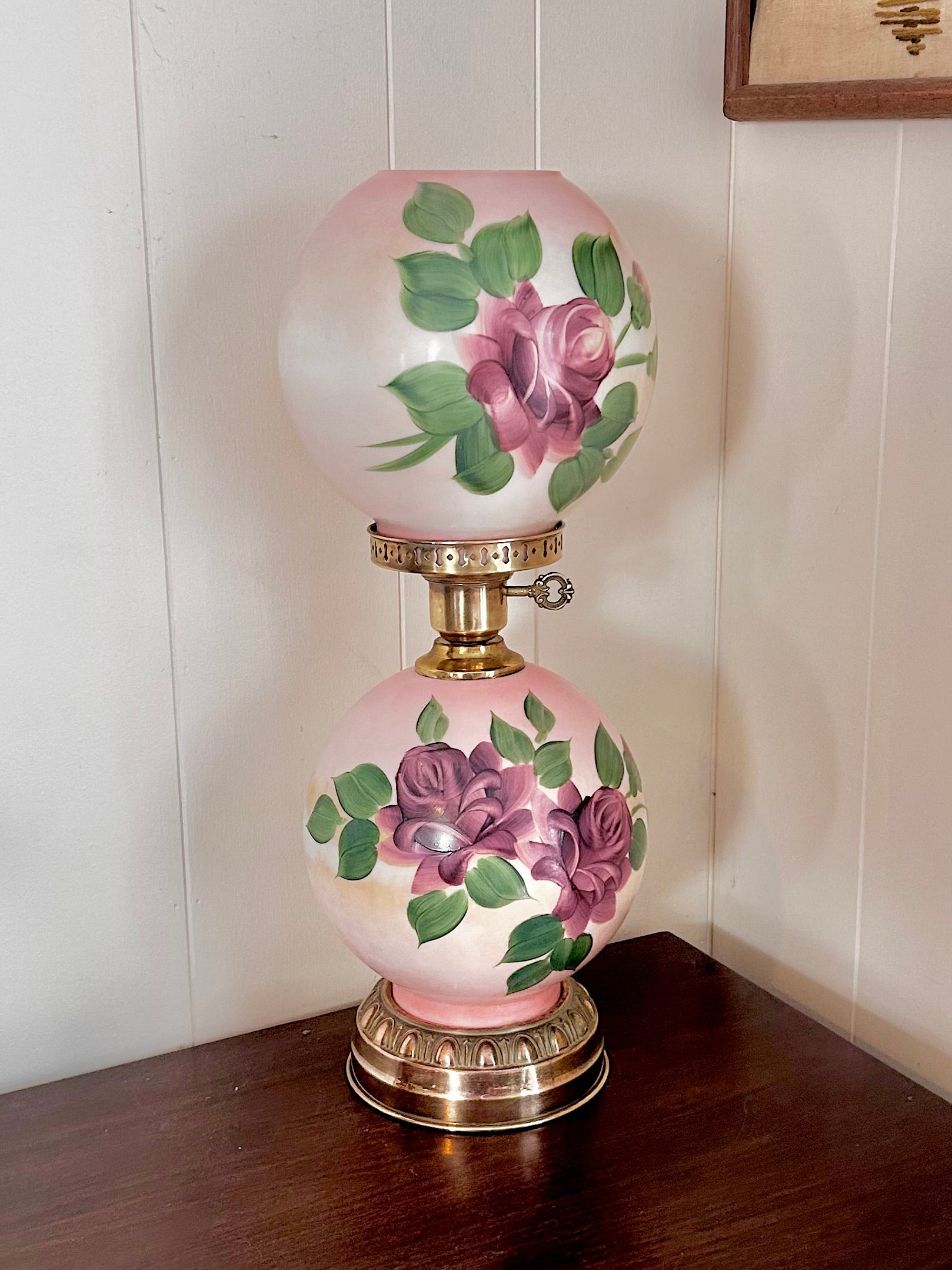 Vintage Three Way Glass Globe Lamp Hand-painted Roses