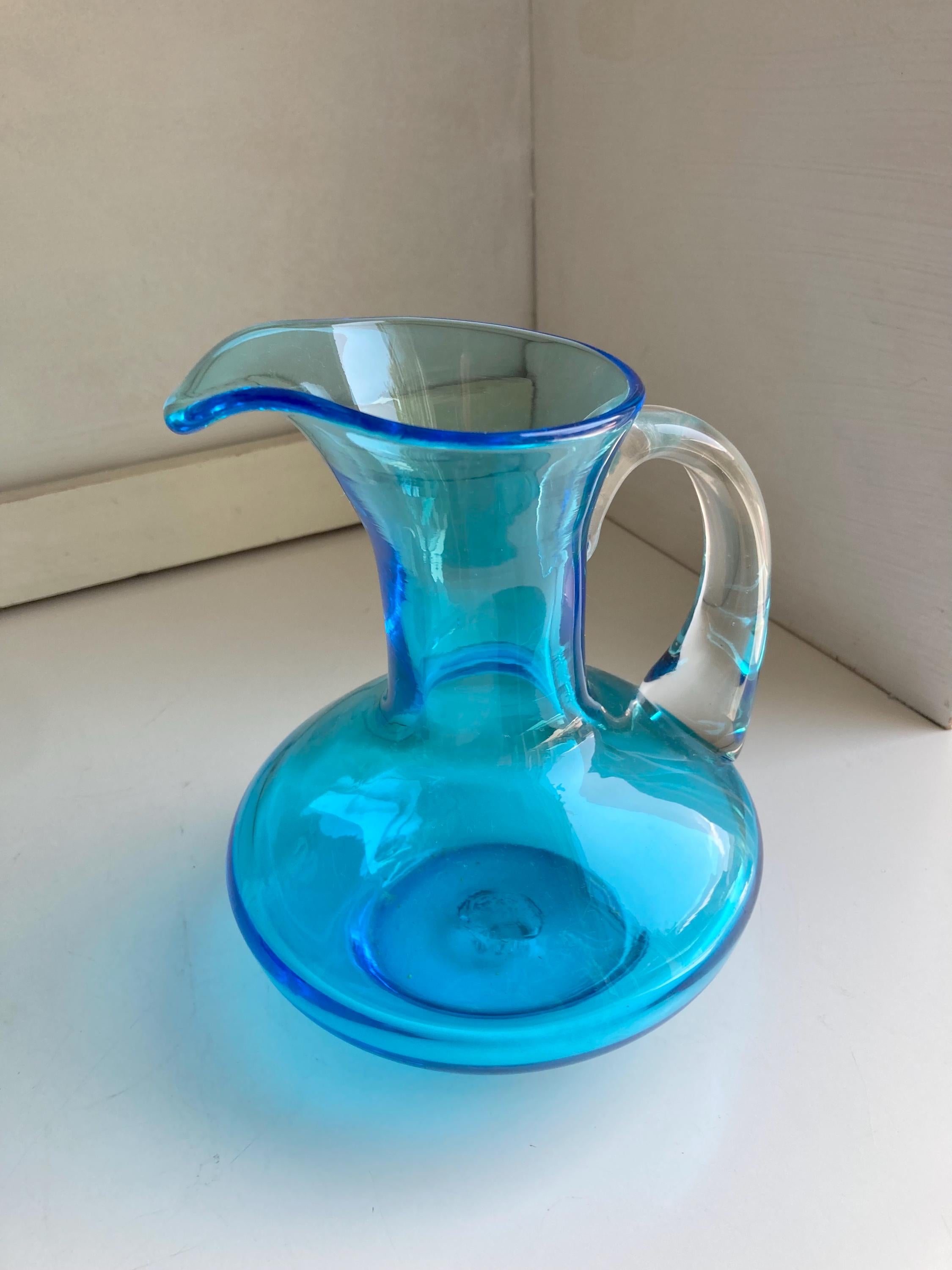 Vintage Blown Blue Glass Pitcher: Applied Clear Handle, Broad Base