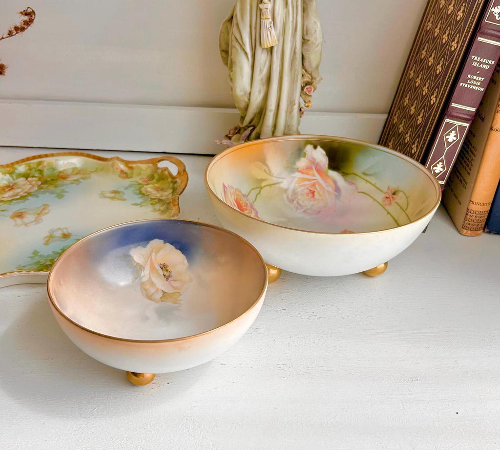 Antique Royal Rudolstadt Prussia Porcelain Bowls: Hand-Painted Rose Floral, Gilt Footed - Set of 2