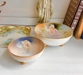 Antique Royal Rudolstadt Prussia Porcelain Bowls: Hand-Painted Rose Floral, Gilt Footed - Set of 2