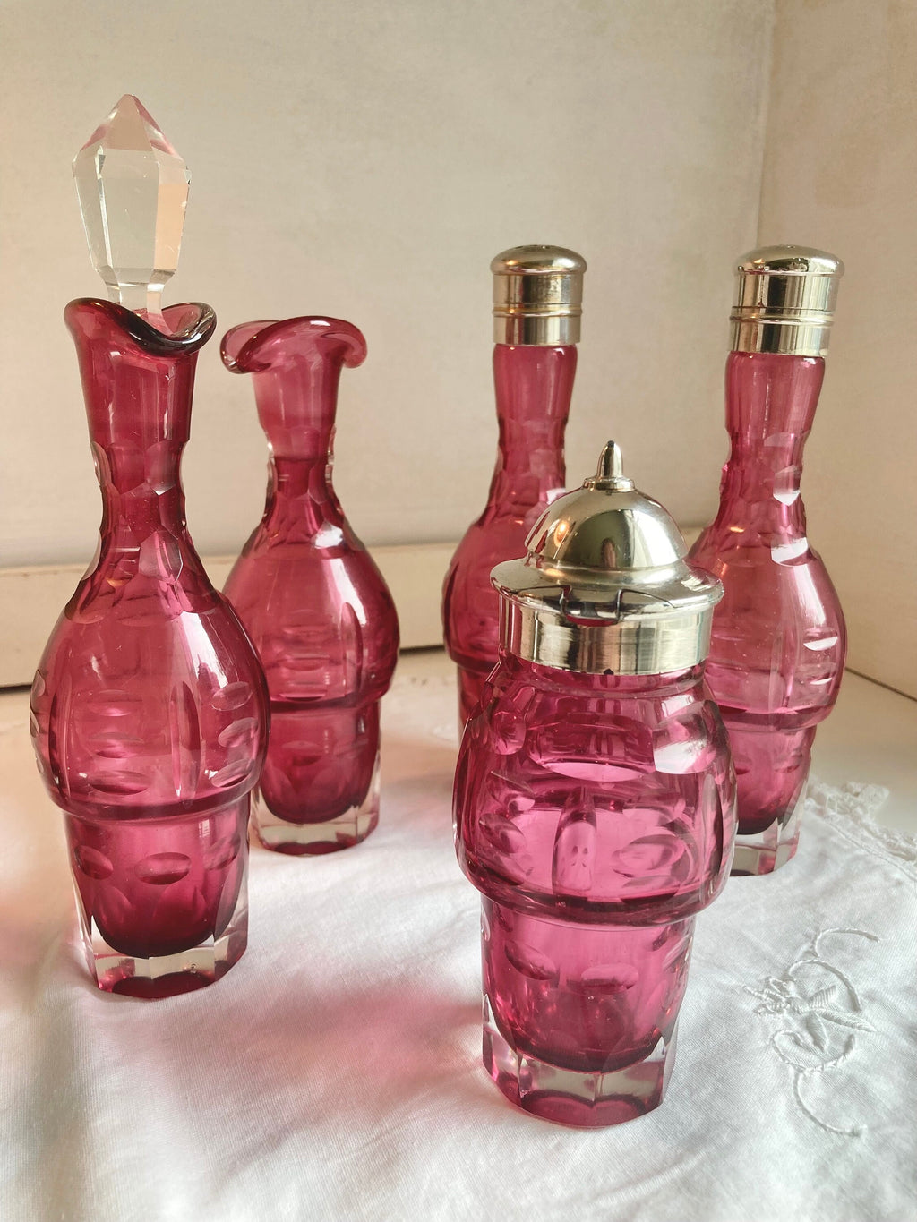 Antique Meriden Silver Plated Cruet Set: Cranberry Thumbprint Glass Bottles