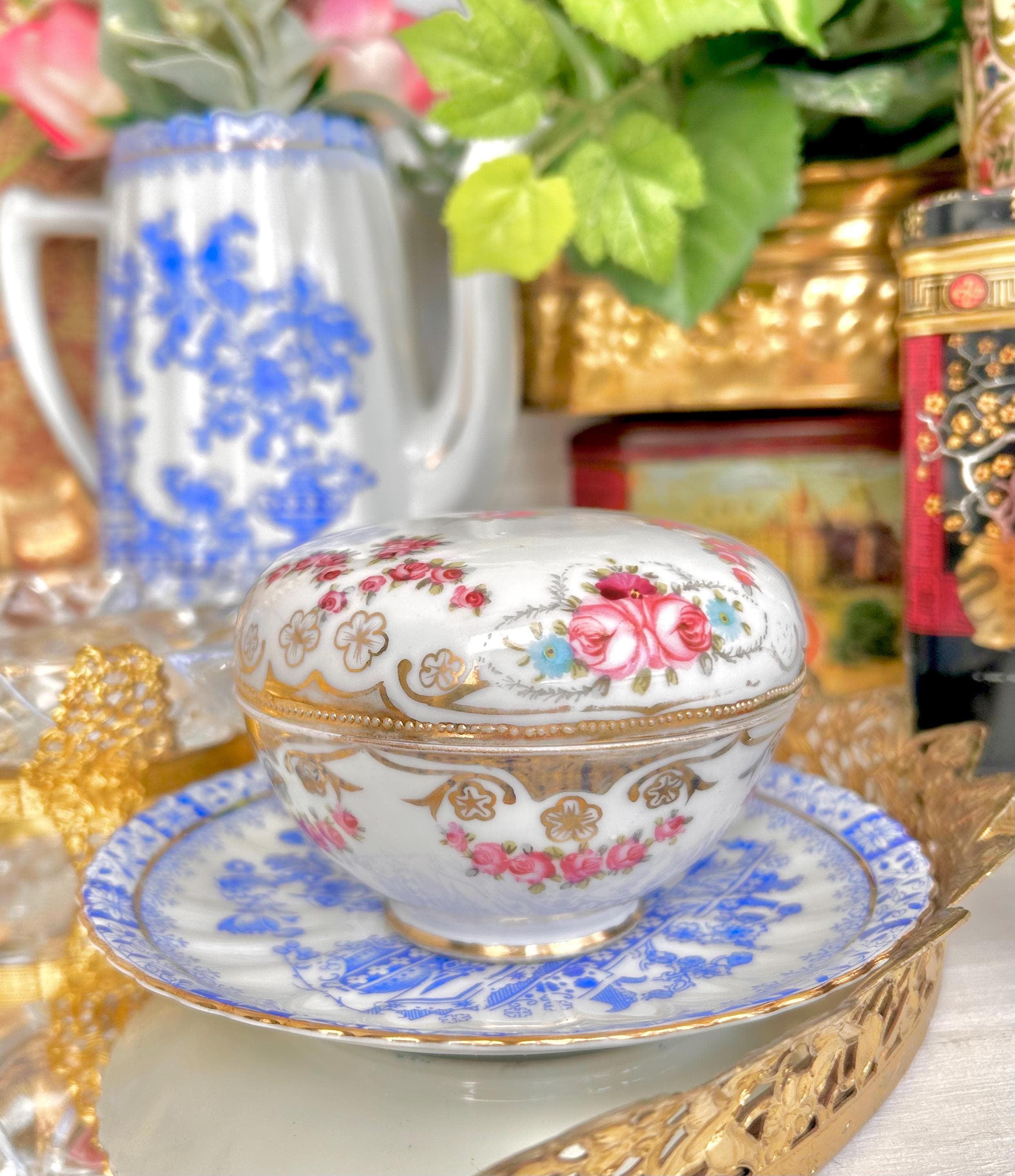 Vintage Noritake Small Porcelain Lidded Trinket Dish with Gold Trim, Pink Floral Garland