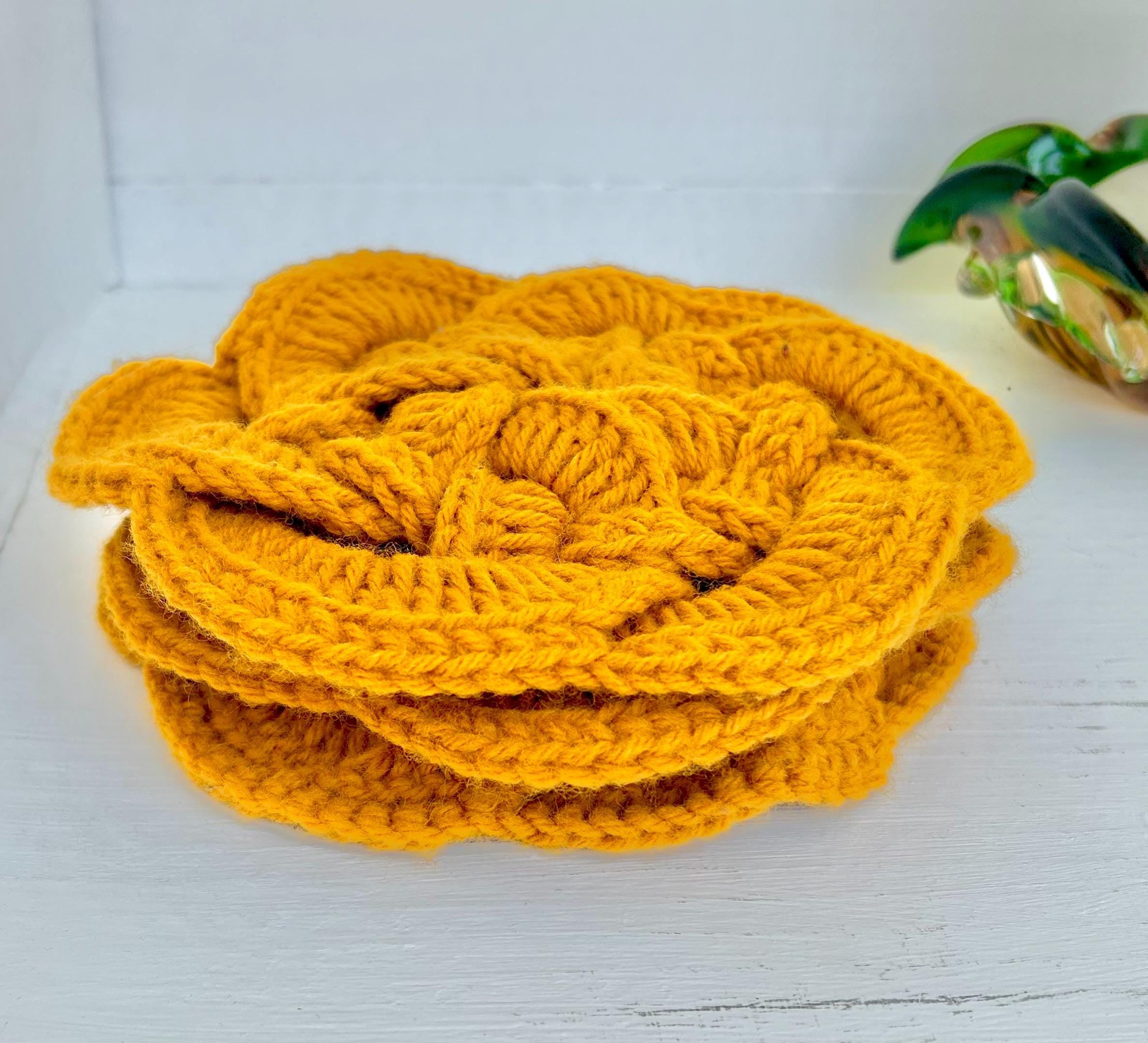 Vintage Crocheted Trivets: Mustard Yellow Braided Coasters, Set of 3