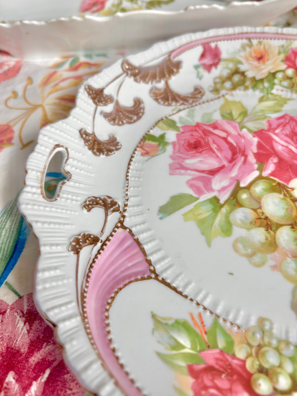 Vintage Porcelain Platter: Gold Foliage, Roses & Grapes, Beaded Handles