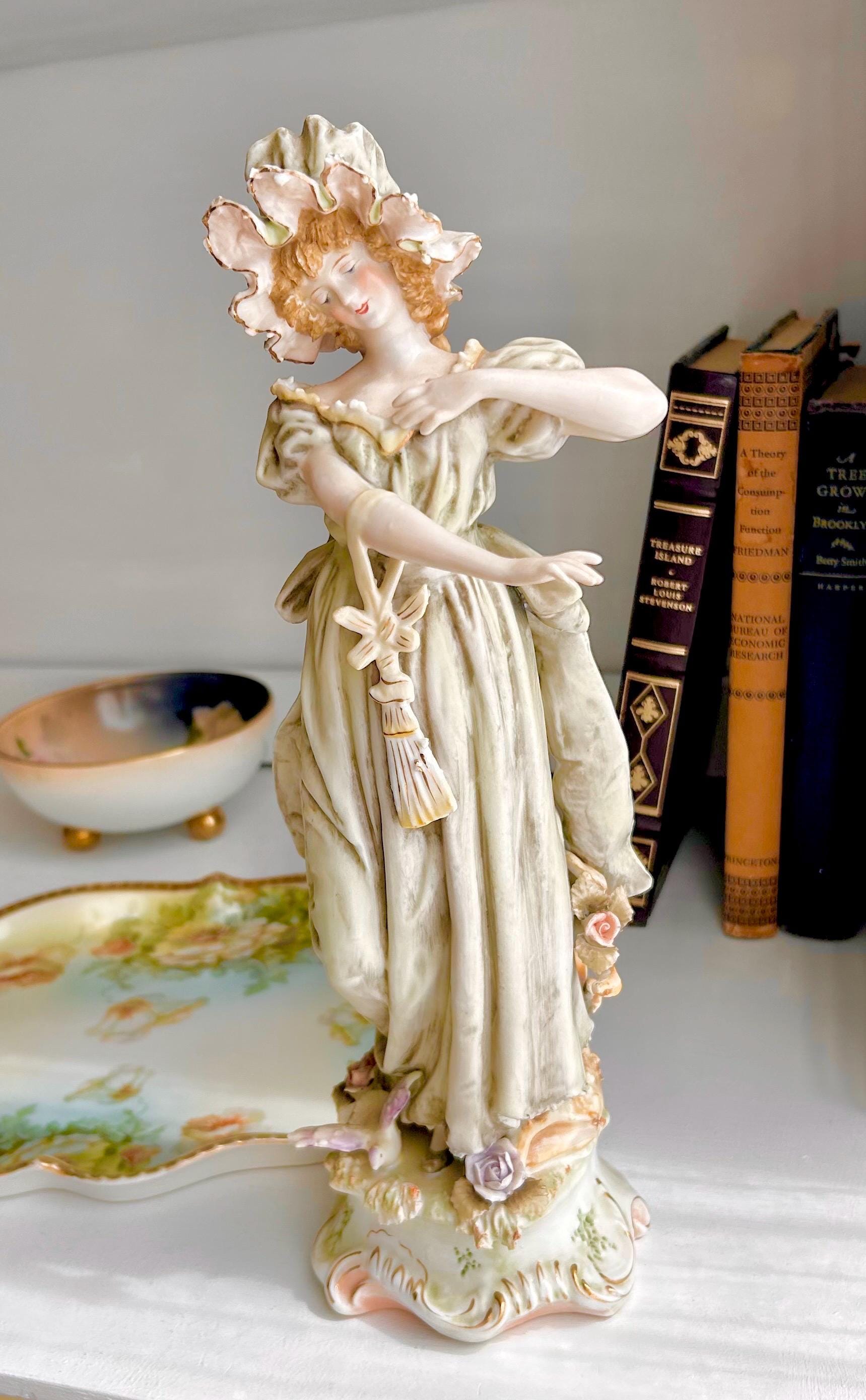 Vintage 12" Porcelain Statuette-Victorian Lady in Bonnet and Flowing Green Gown-Original Arnart Creation Japan