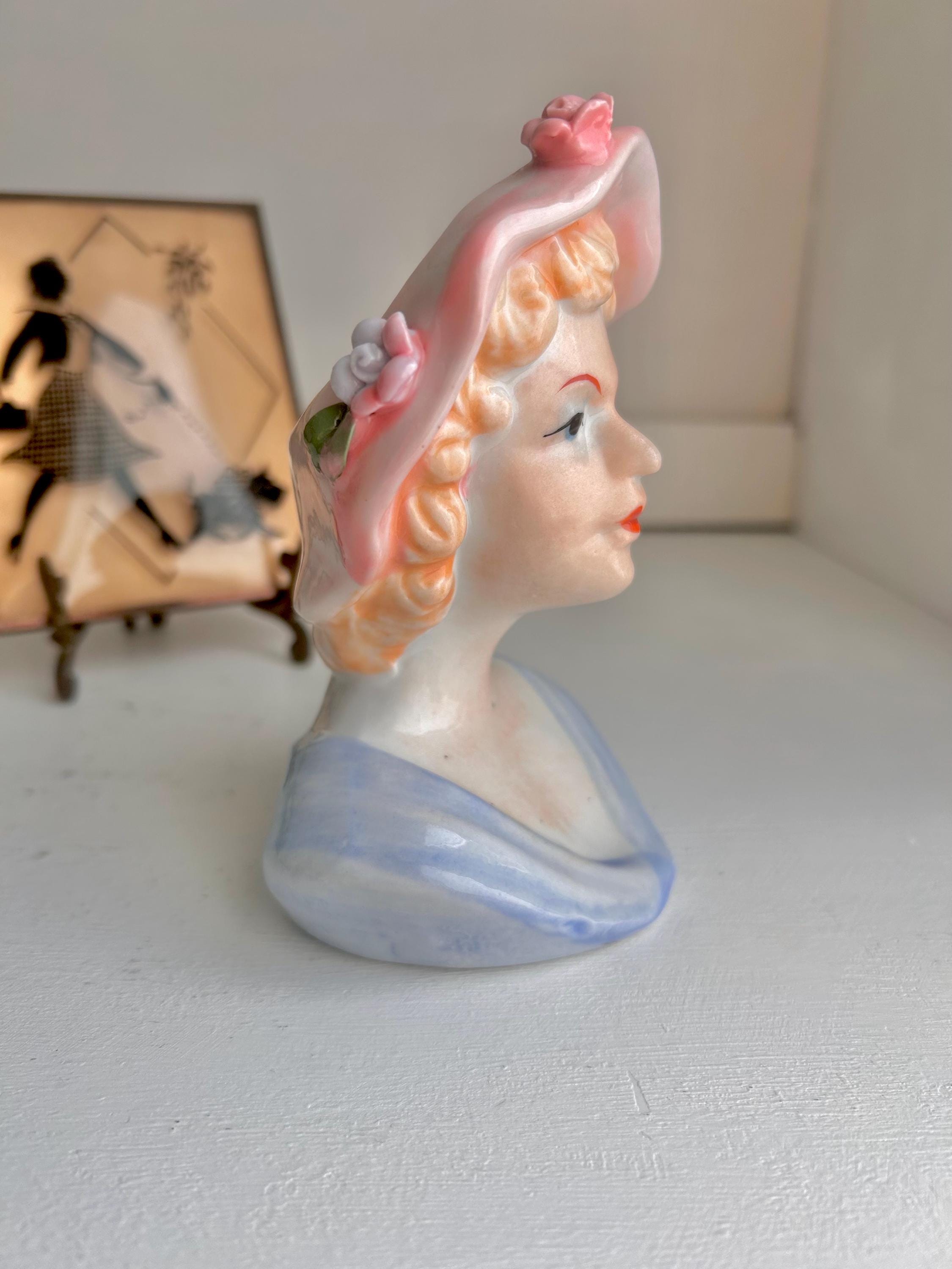 Vintage Lady Head Vase: Floral Pink Hat, Blonde Hair Ceramic Planter