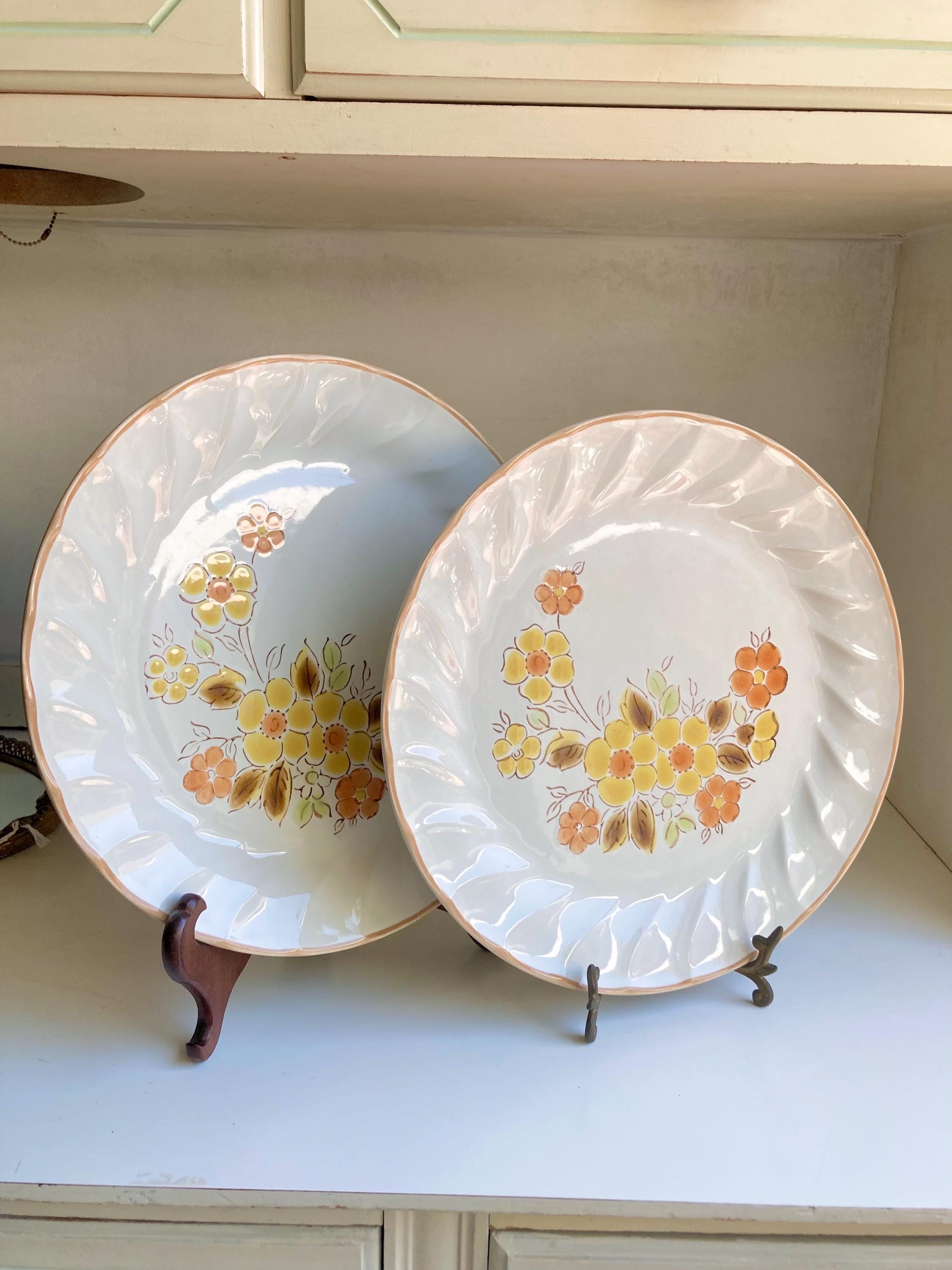 Vintage Gaiety Sculptura Stoneware Dinner Plates Pair - Orange Yellow Floral - Japan