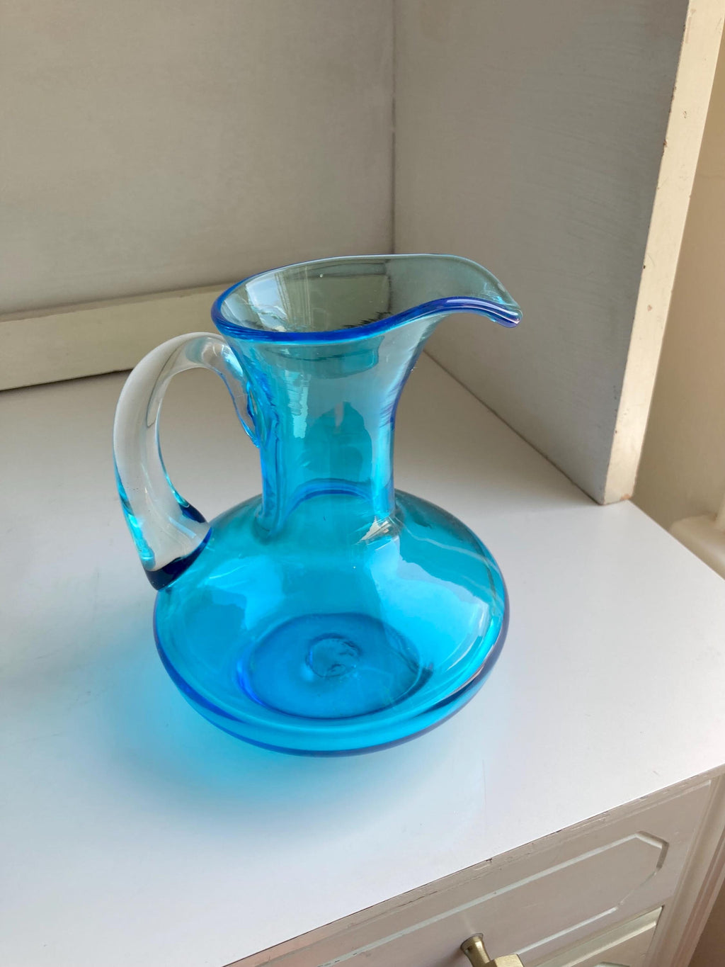 Vintage Blown Blue Glass Pitcher: Applied Clear Handle, Broad Base