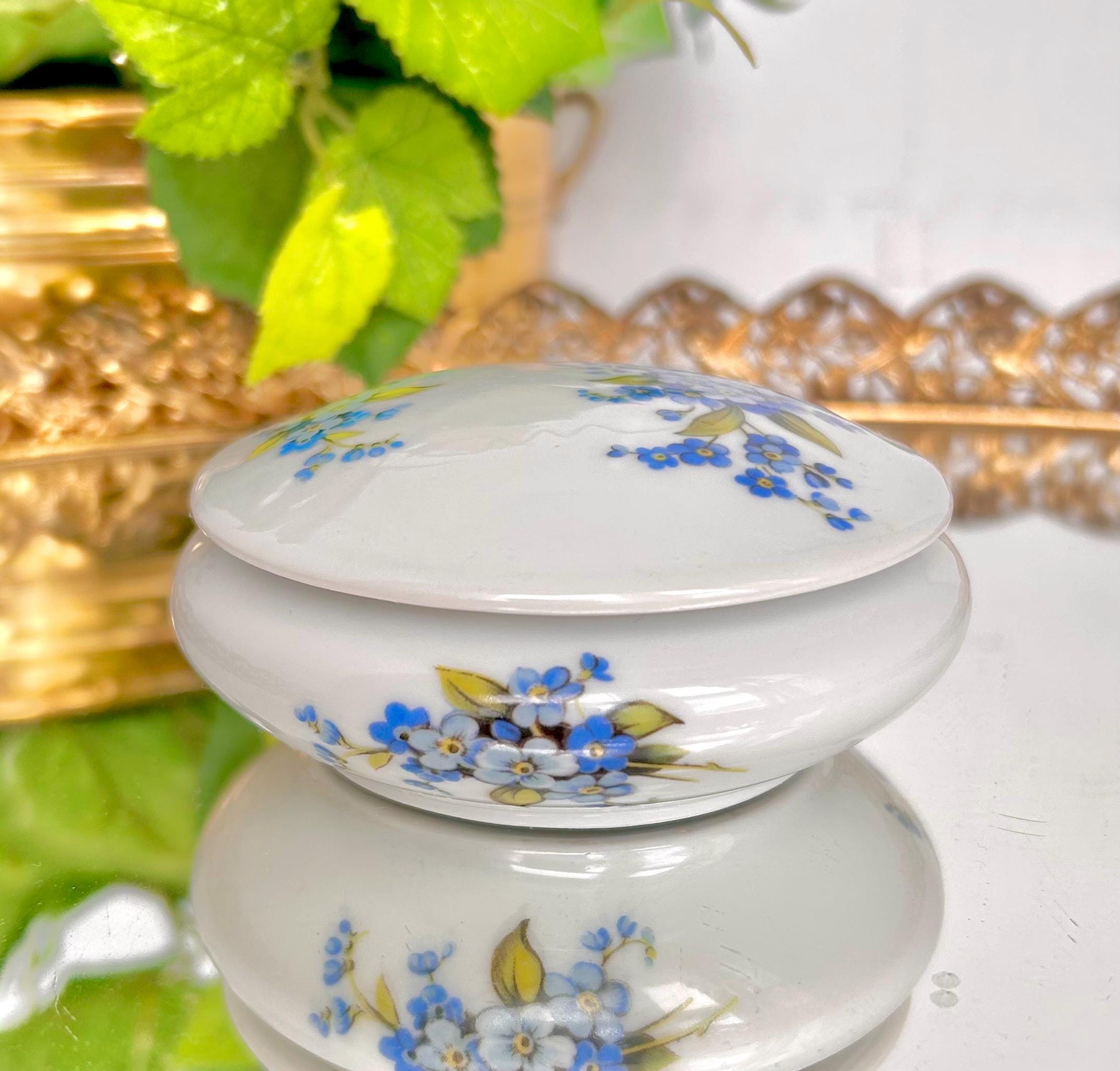 Vintage Limoges Rochard Porcelain Trinket Dish with Lid, Forget-me-not Floral Pattern