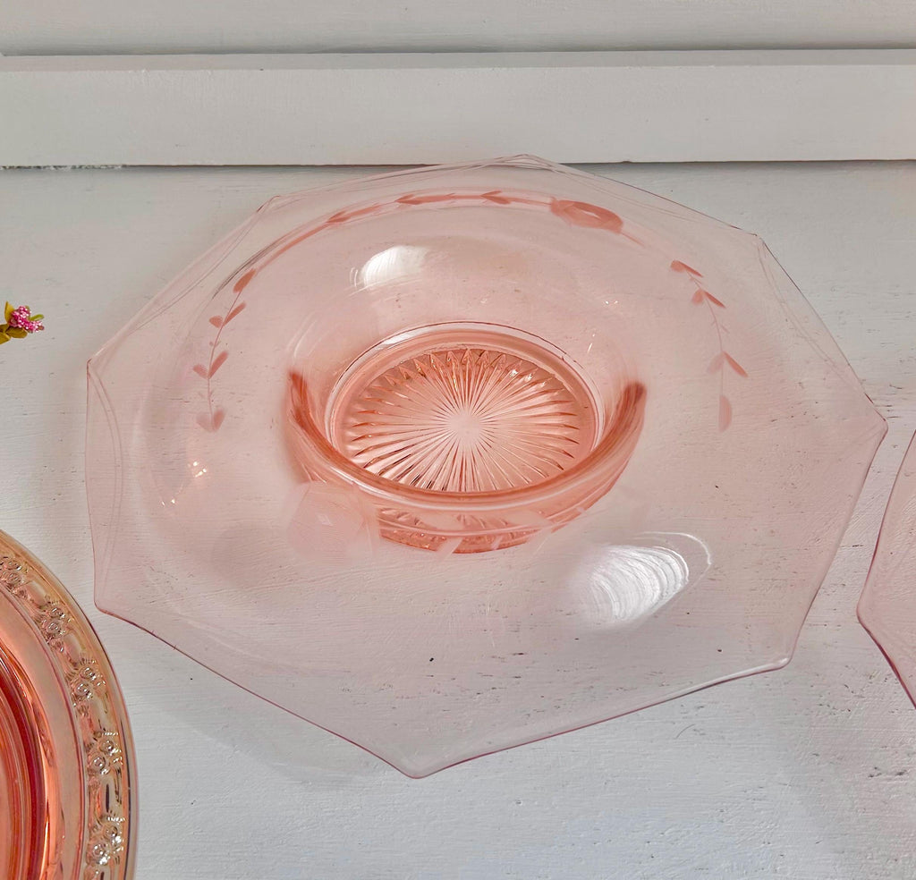 Vintage Pink Depression Glass Bowls – Etched Floral Rolled Rim, CHOICE