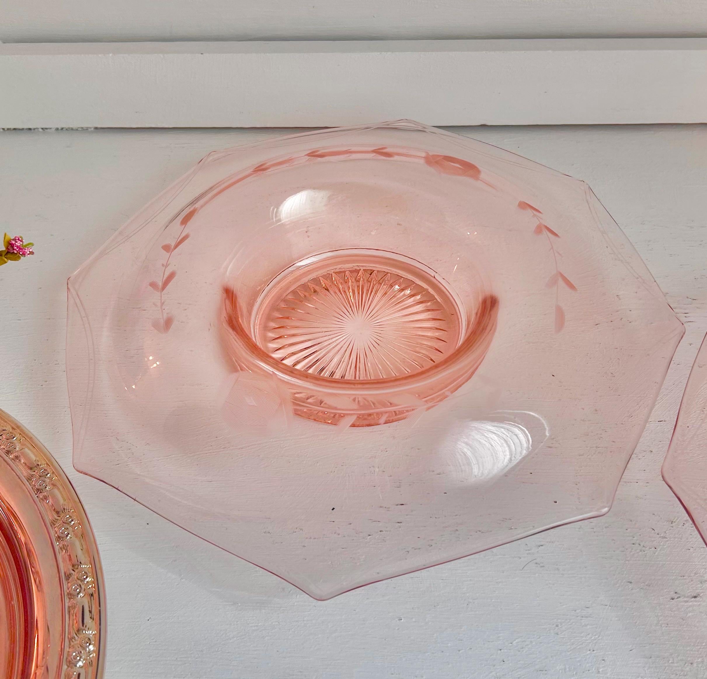 Vintage Pink Depression Glass Bowls – Etched Floral Rolled Rim, CHOICE