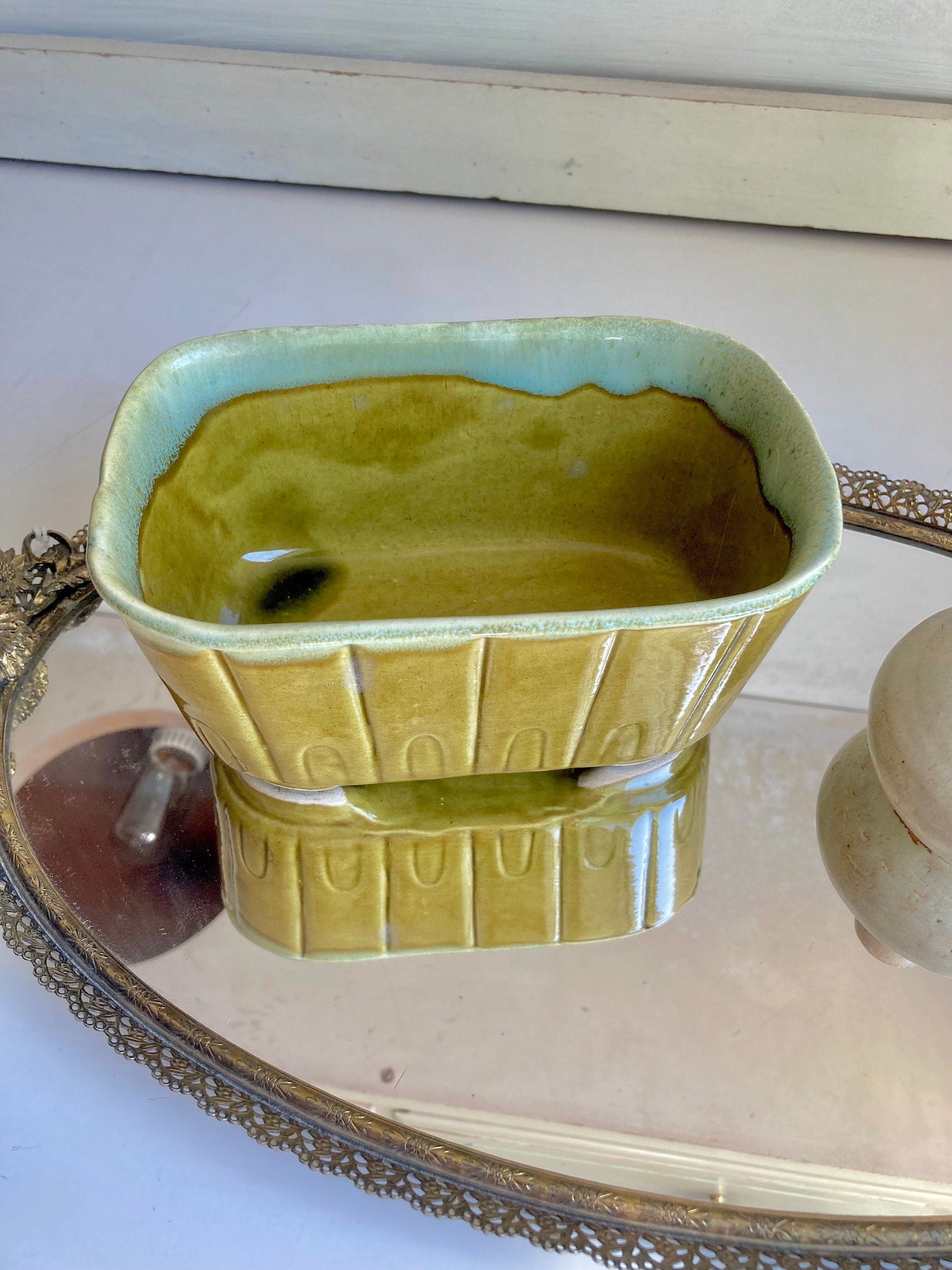 Mid Century Modern Hand Made Ceramics - Drip Glaze Olive Green Planter