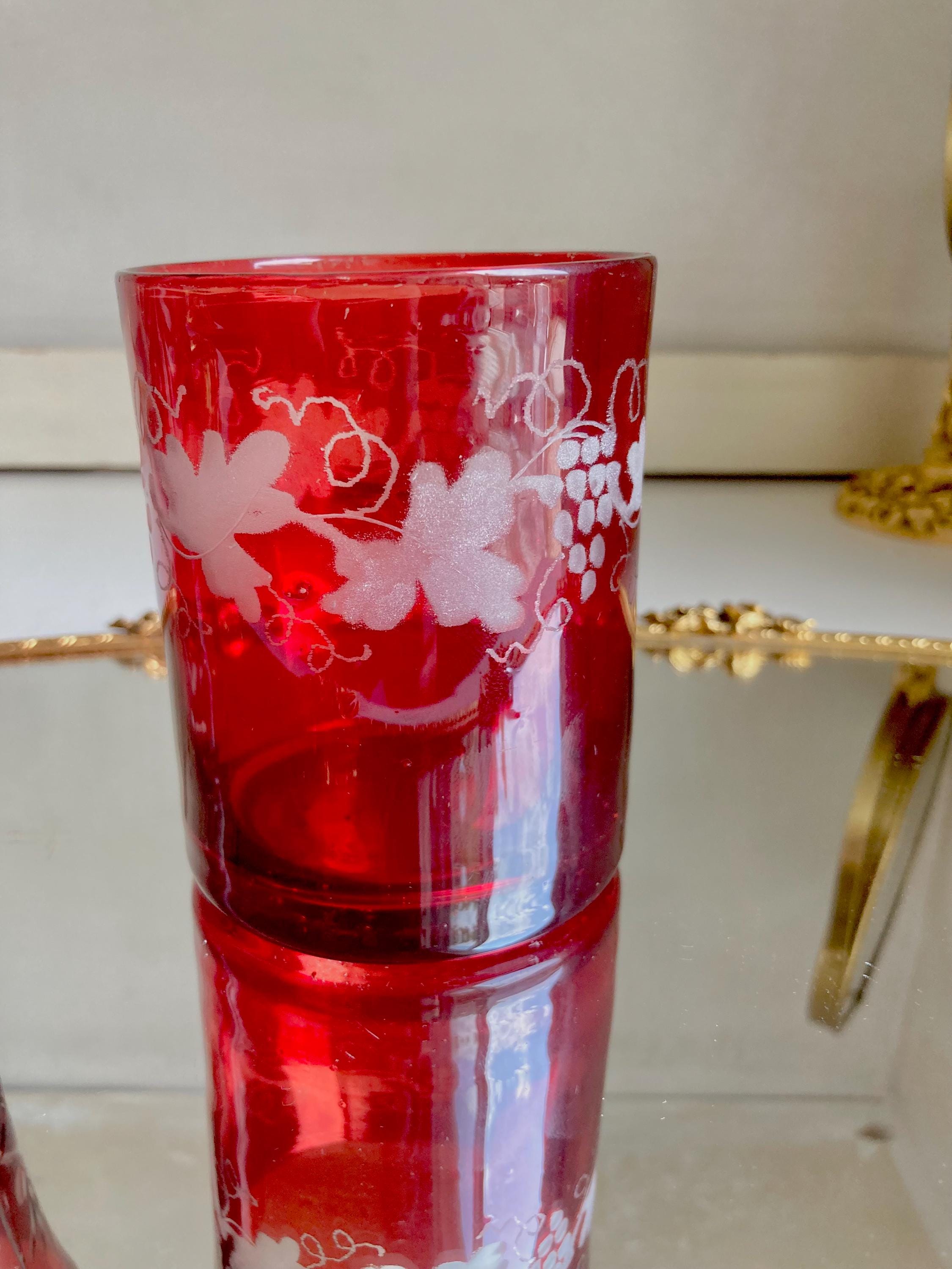 Vintage Ruby Red Flashed Etched/Cut-to-Clear Bohemian Glasses-choose from 2