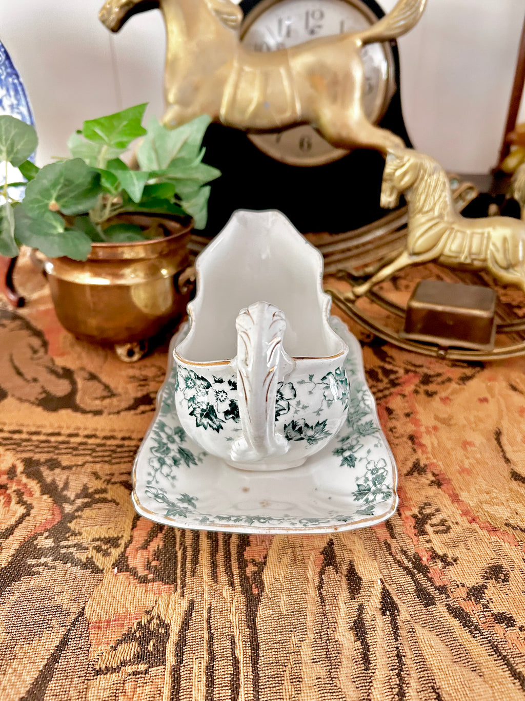 Antique Royal Vitreous Green White Transferware Gravy Boat with Underplate