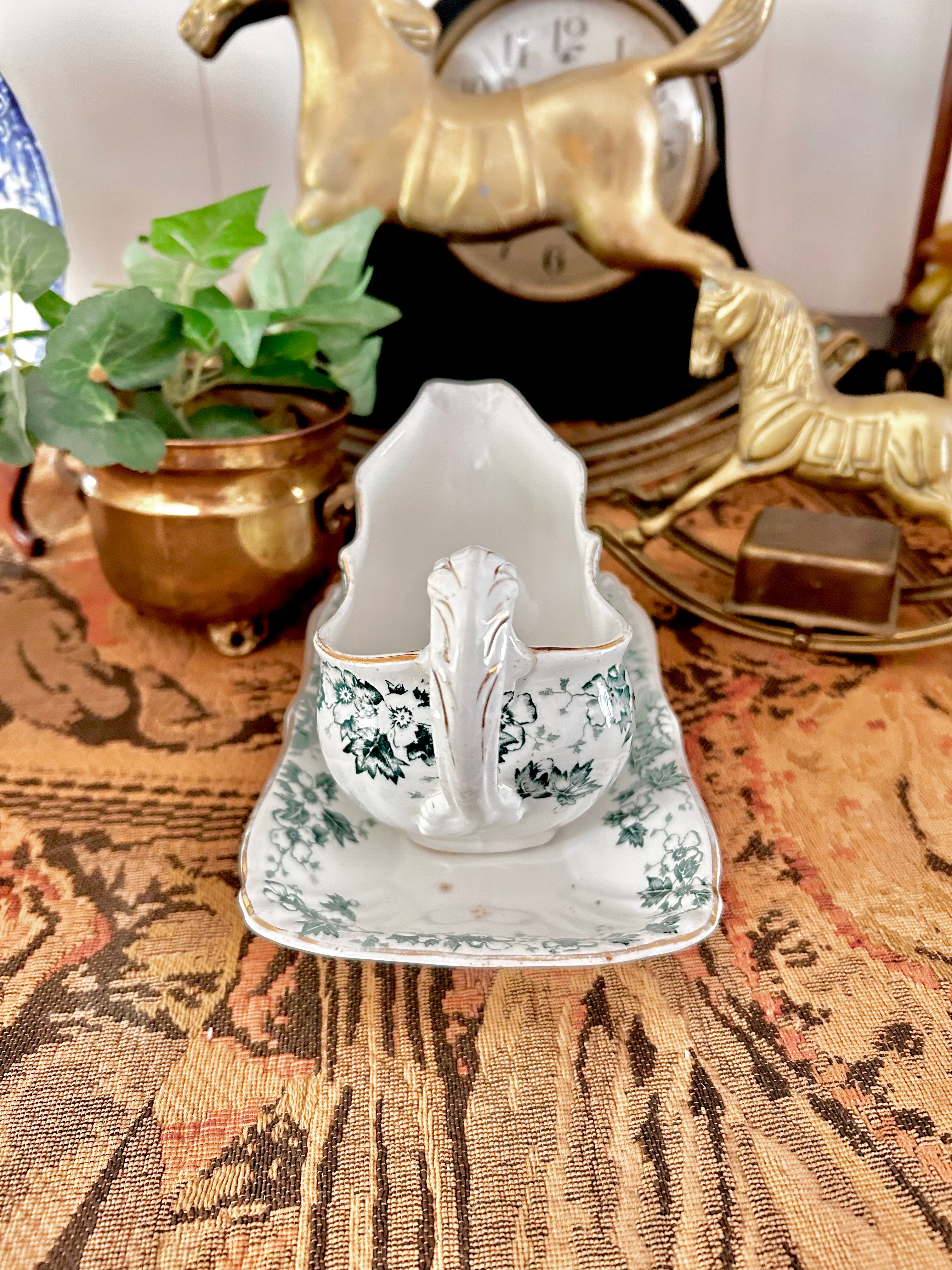 Antique Royal Vitreous Green White Transferware Gravy Boat with Underplate