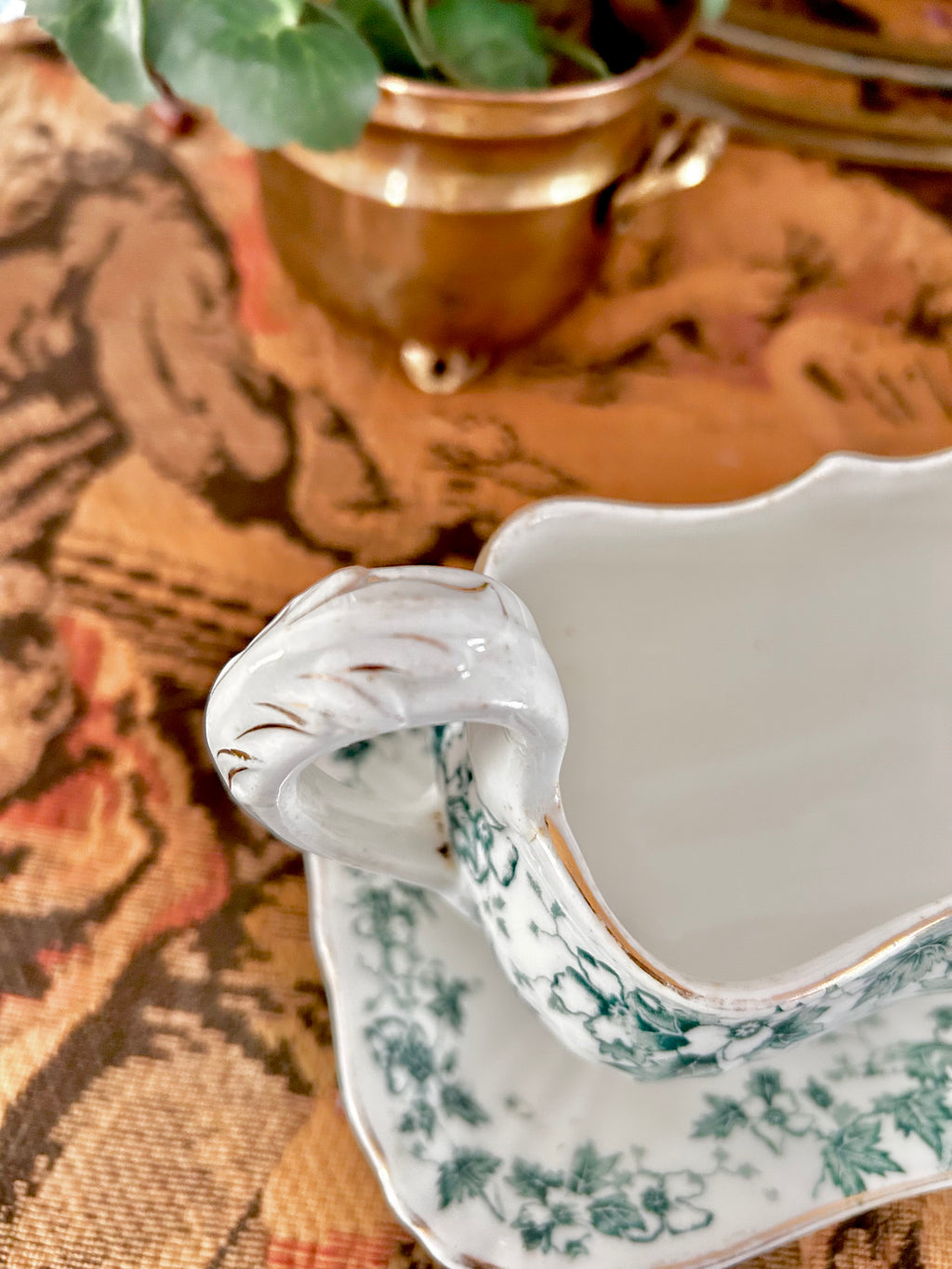 Antique Royal Vitreous Green White Transferware Gravy Boat with Underplate