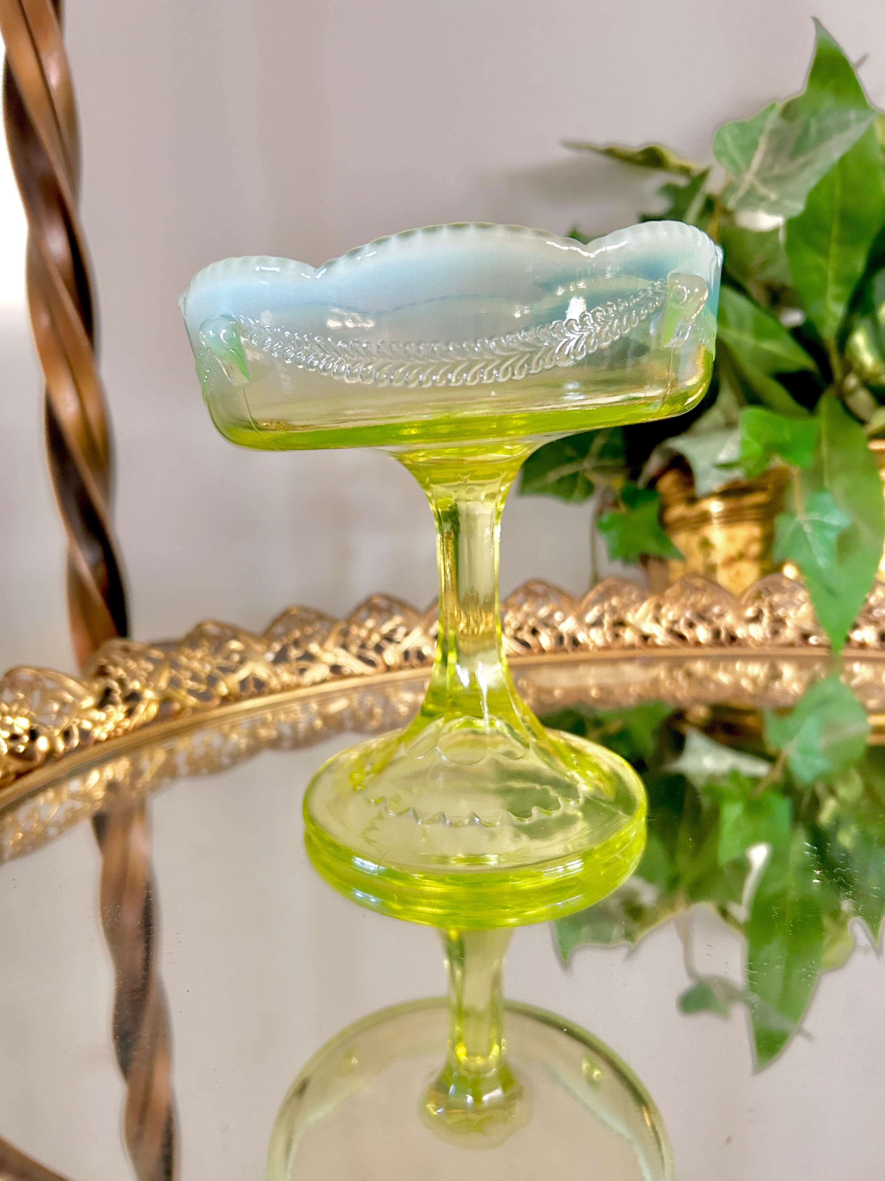Antique Jefferson Glass Vaseline Opalescent Compote