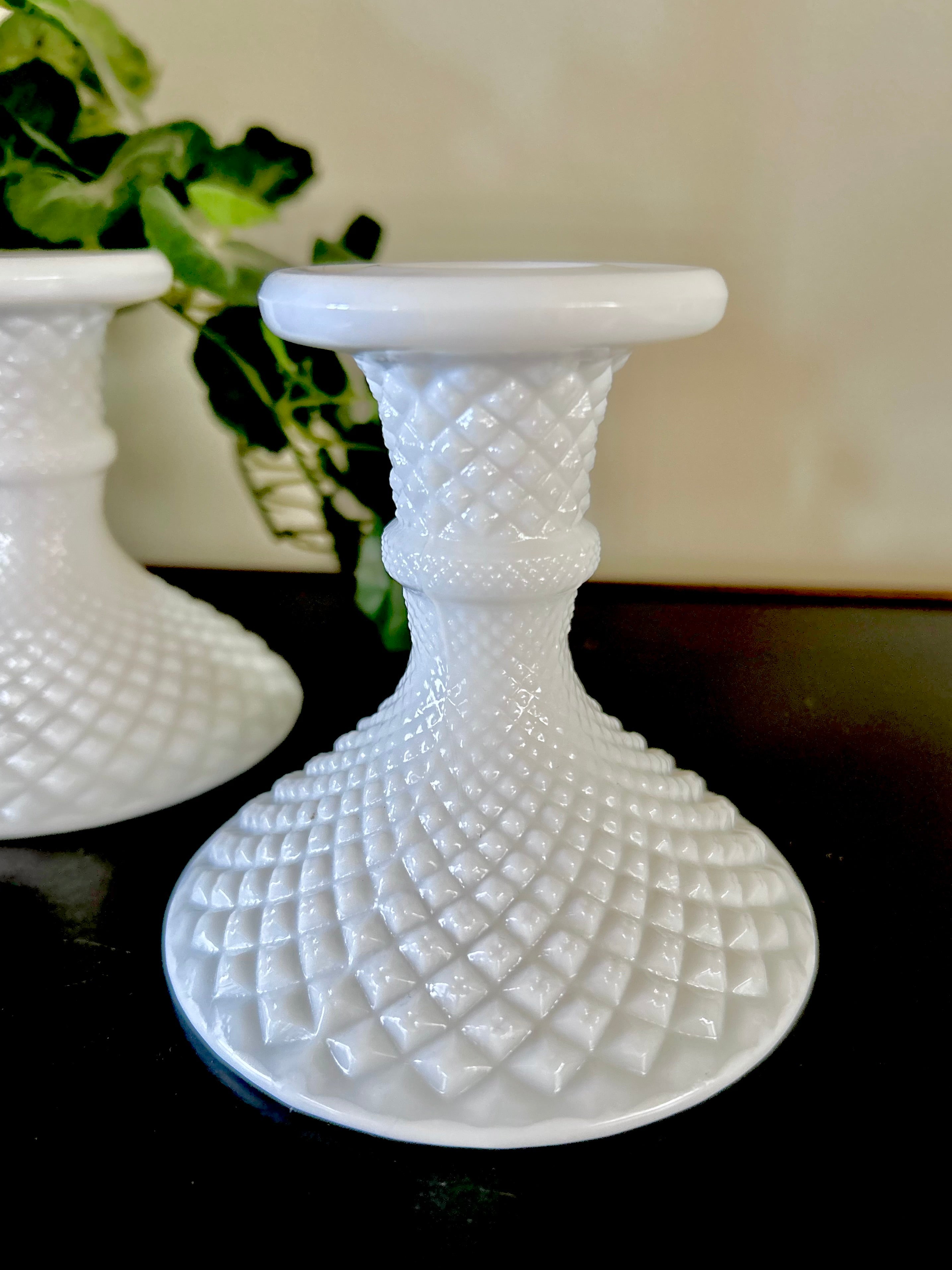 Milk Glass Candle Holders Diamond Hobnail