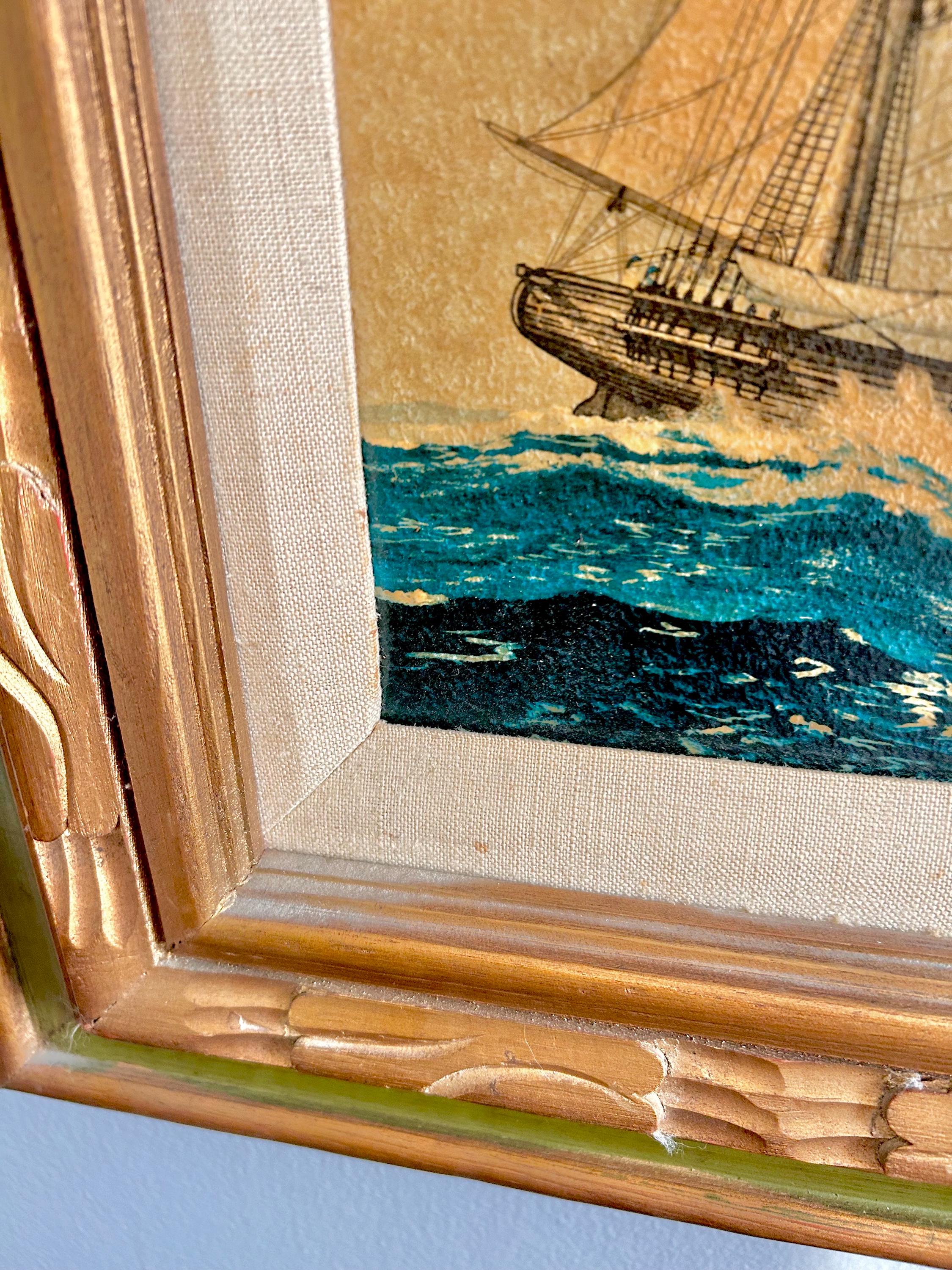 Vintage Sailboat Print: Textured Maritime Art in Gilt Olive Frame