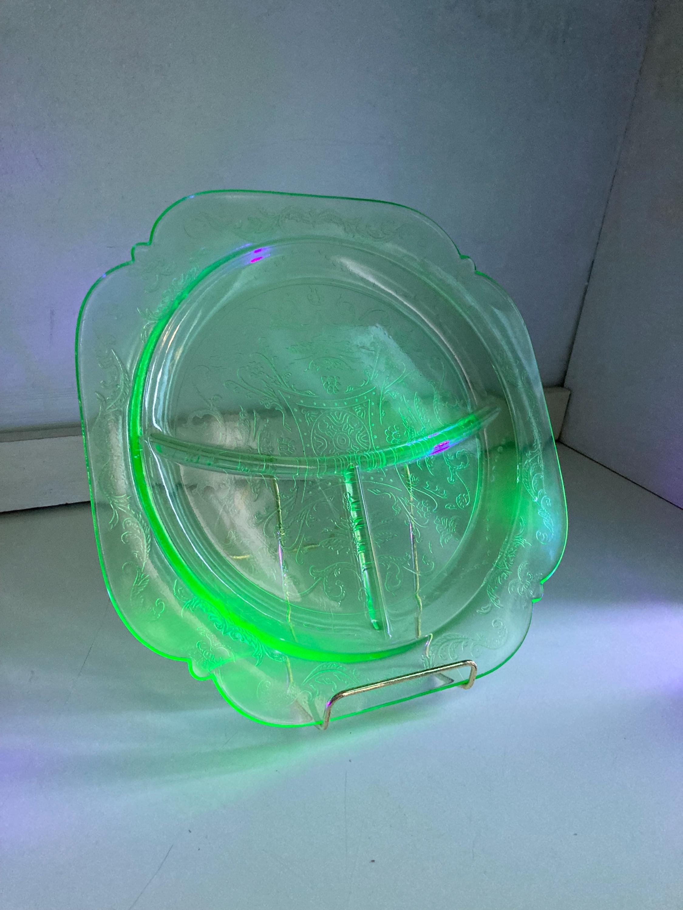 Vintage Uranium Green Glass Divided Plate: Federal Madrid Pattern