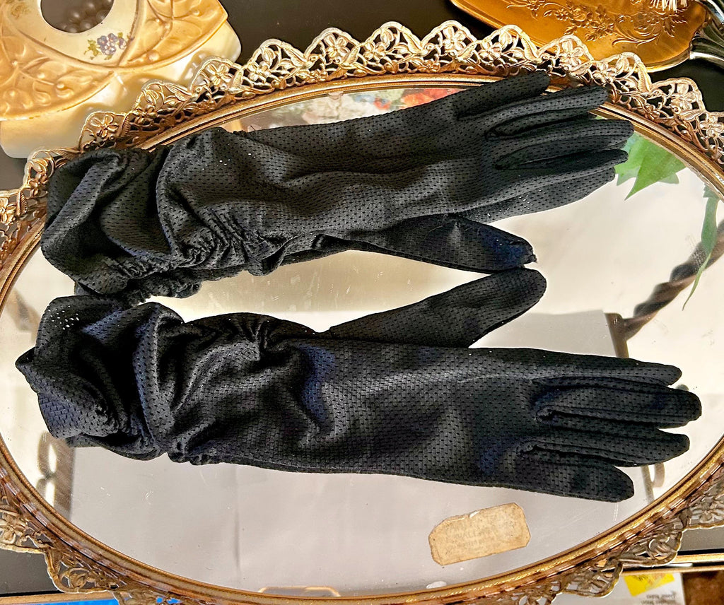 Vintage Ruched Ladies Gloves in Perforated Black Nylon, USA