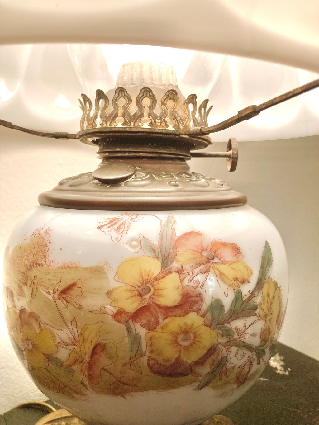 Vintage Floral Milk Glass Lamp - Converted Brass Oil Lamp