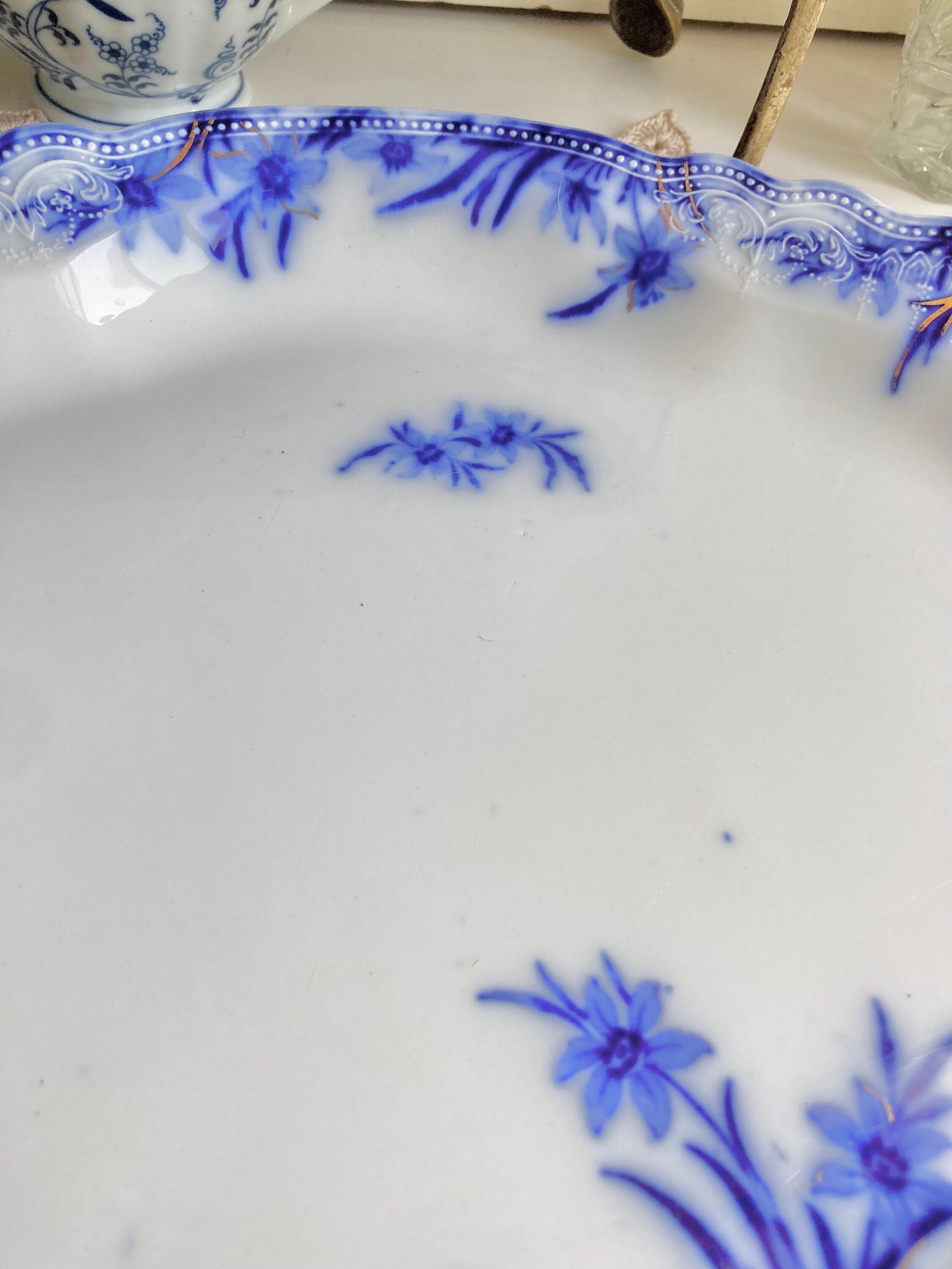 Antique Grindley Flow Blue Platter: 16" Dover Daffodil Floral