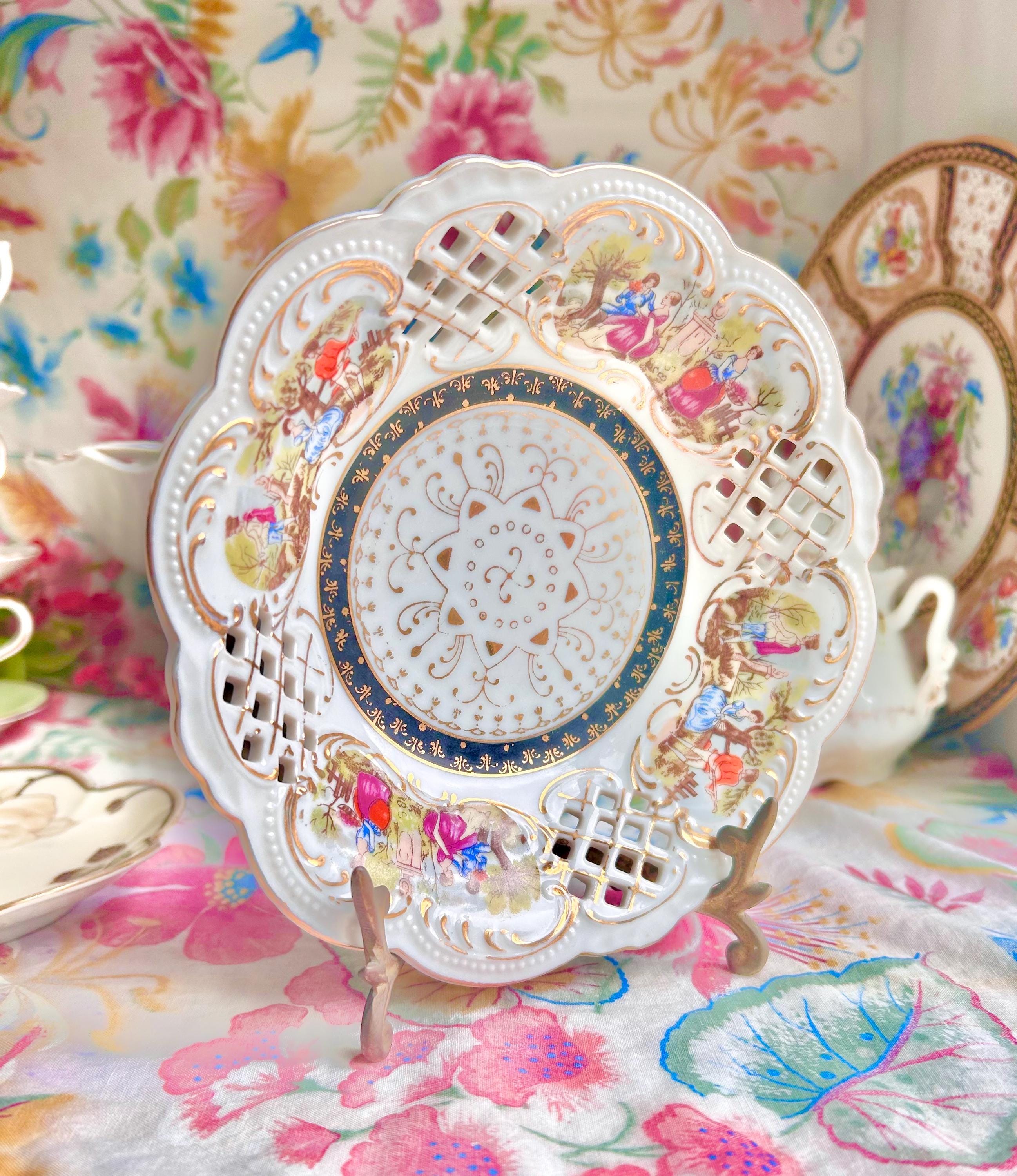 Vintage Perforated Bowl: Victorian Leisure Scenes, Gold Trim, Scalloped Rim