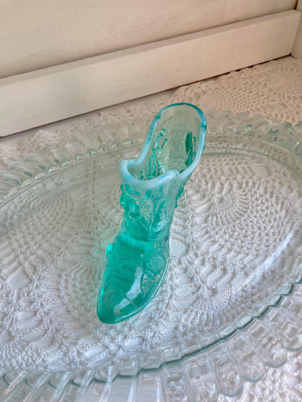 Vintage Aqua Blue Glass Ruffled Tray