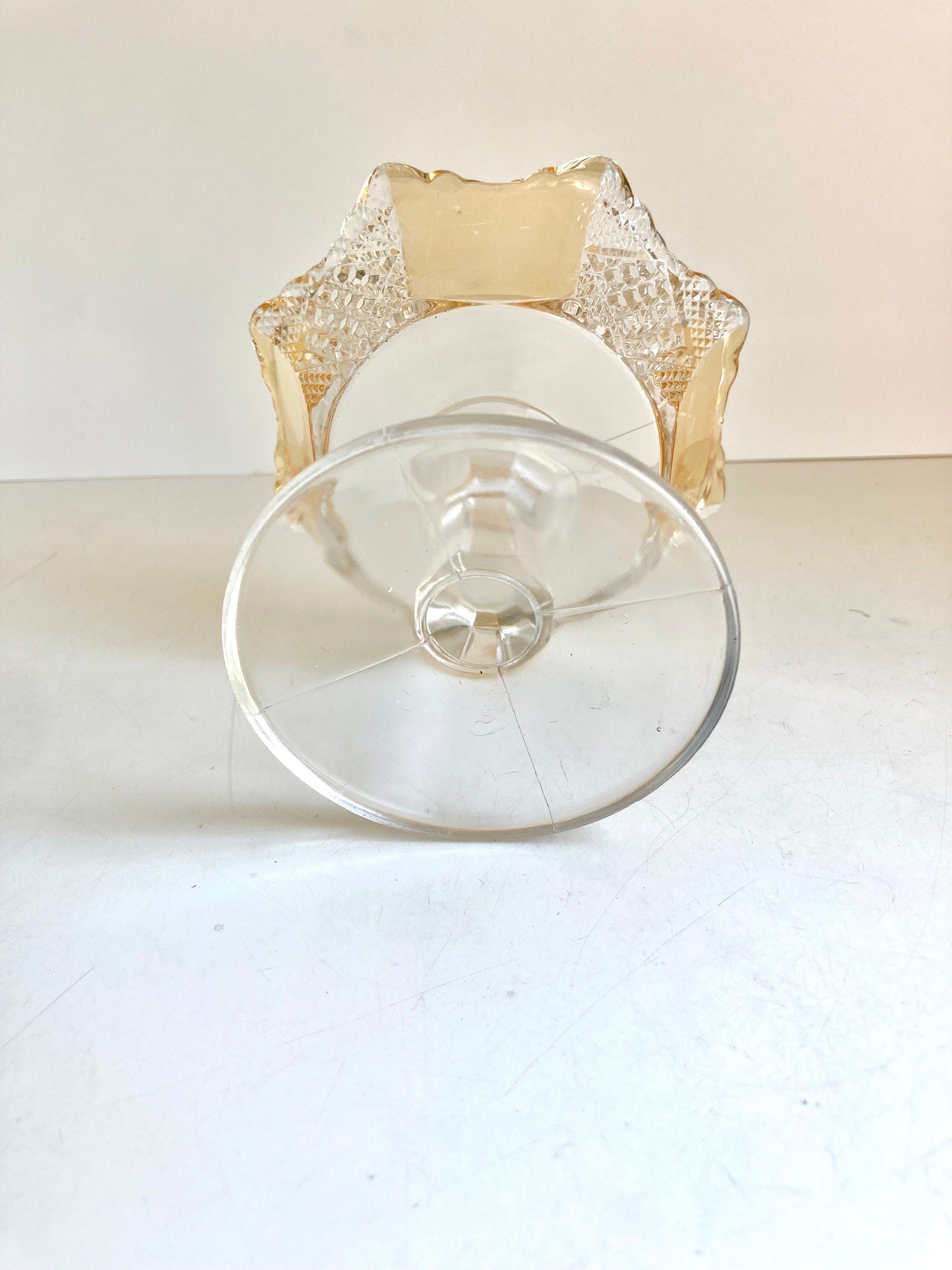 EAPG Amberette 8 Paneled Pedestal Compote Dish - Yellow and Clear, Scalloped Edge - 4.25" tall