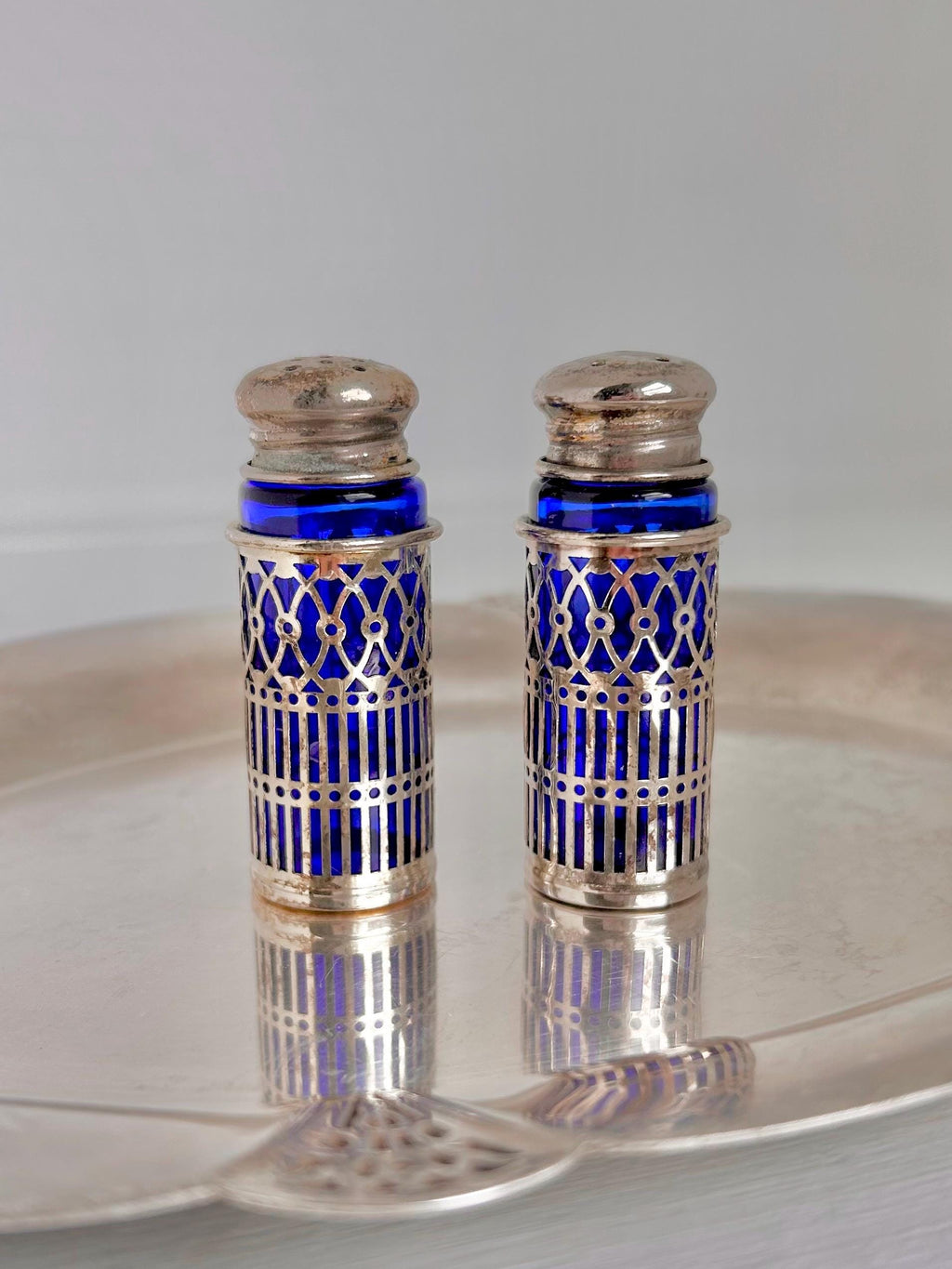 Vintage Cobalt Blue Glass Salt and Pepper Shakers - Silverplate Sleeves