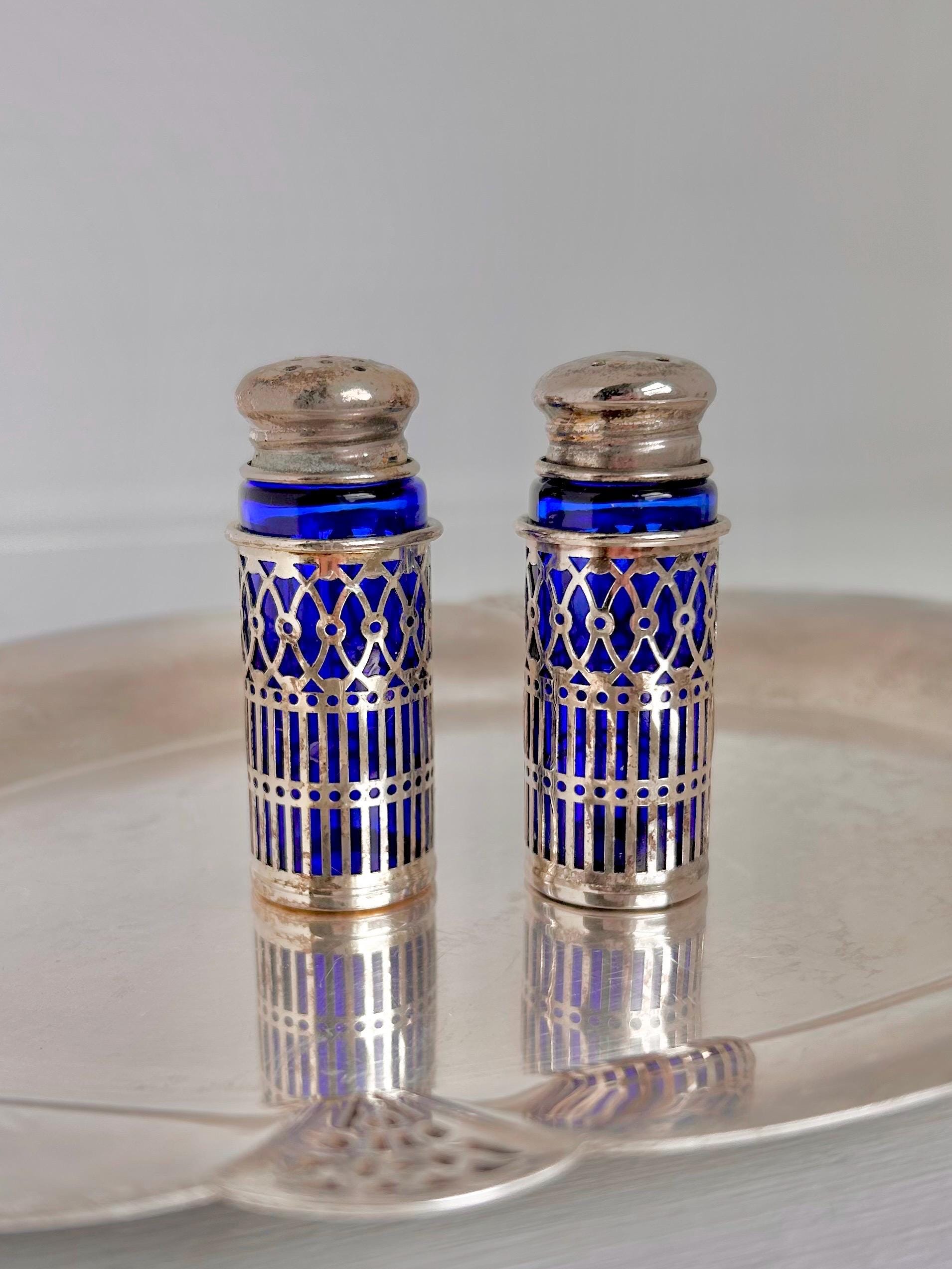 Vintage Cobalt Blue Glass Salt and Pepper Shakers - Silverplate Sleeves