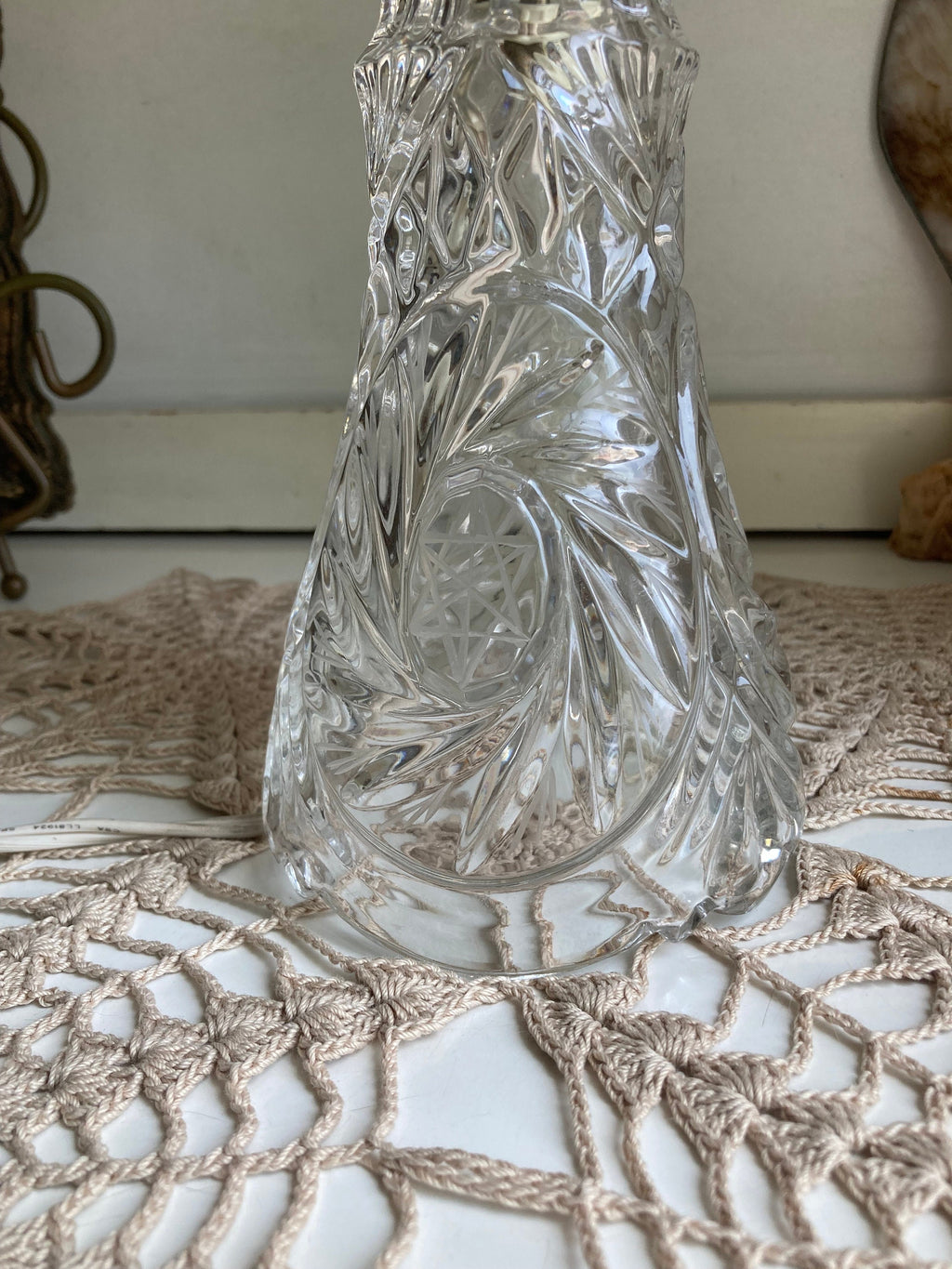 Small Glass Boudoir Parlor Lamp with Brass Finishings - Cut Geometric and Star Pattern
