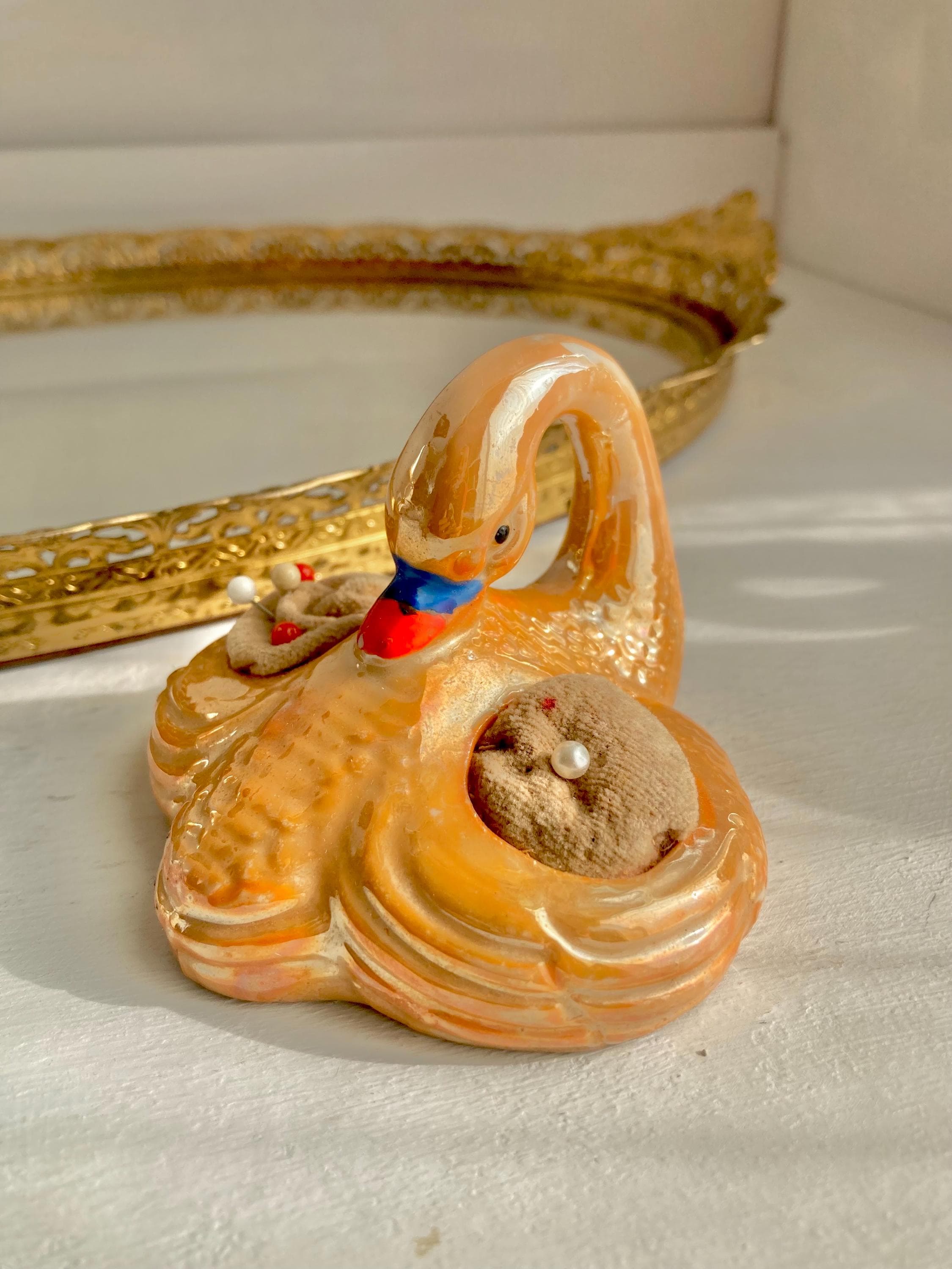 Vintage Ceramic Swan Figurines: Orange Luster Pin Cushion or White Floral Swan