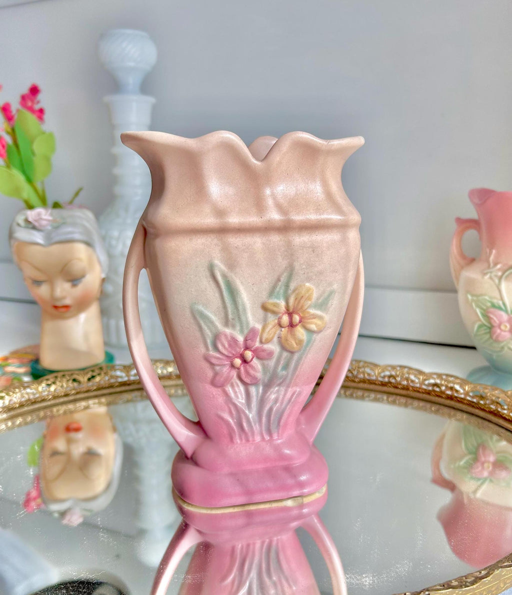 Vintage Hull Art Pottery Vase: Pink Floral Urn with Handles