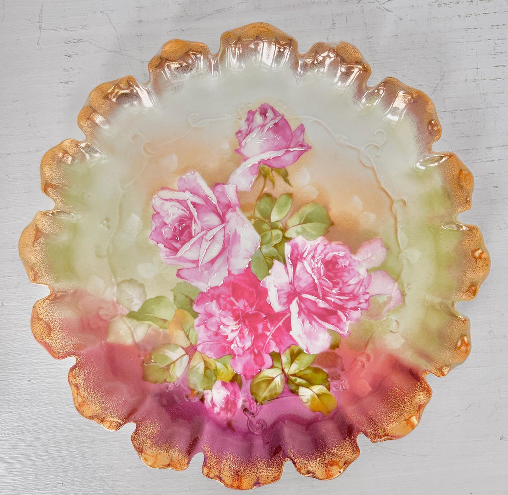 Vintage Transferware Porcelain Plate with Pink Roses