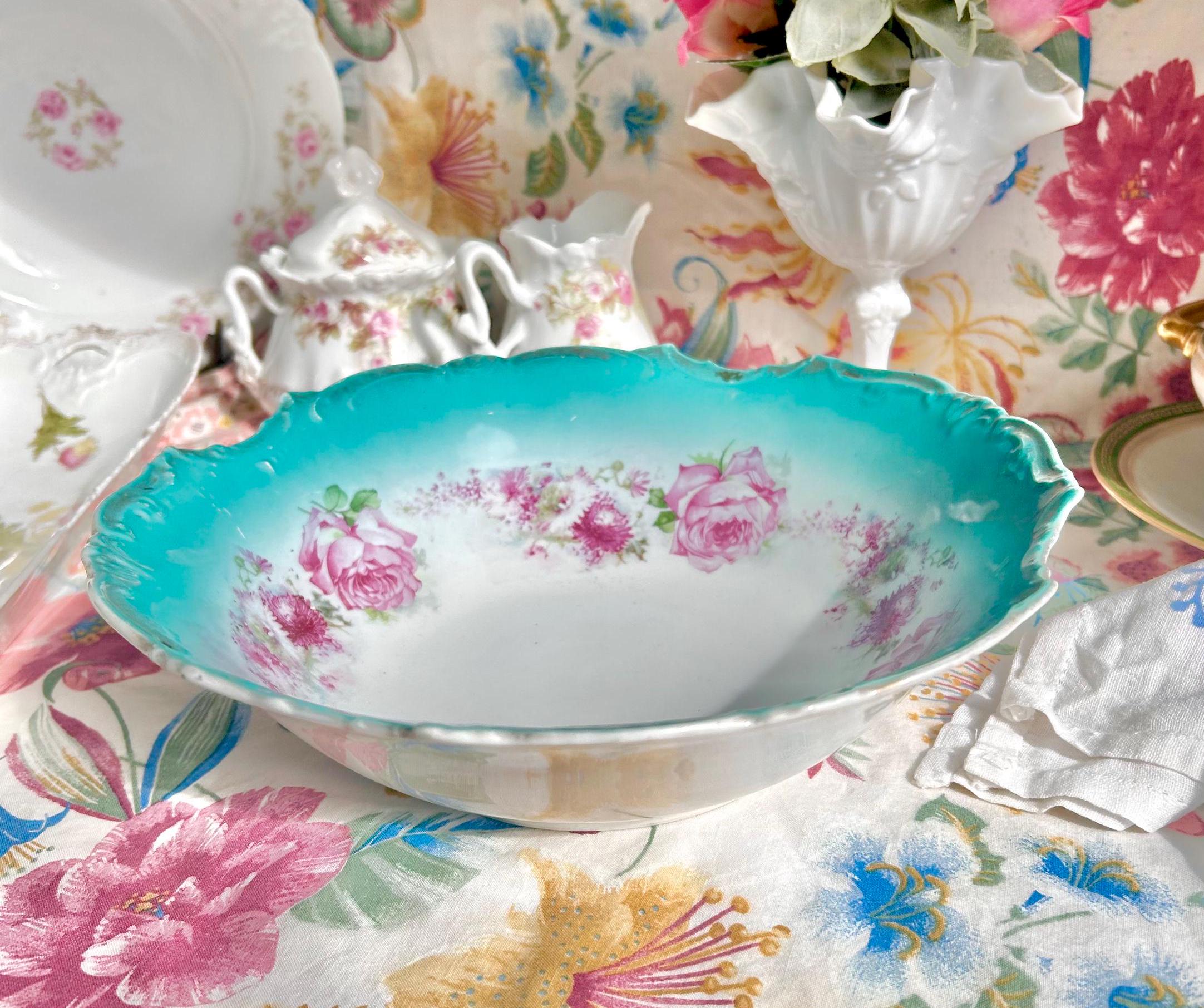 Vintage Porcelain Serving Bowl: Teal Rim, Rose Garland, Scalloped Edge (10-inch)
