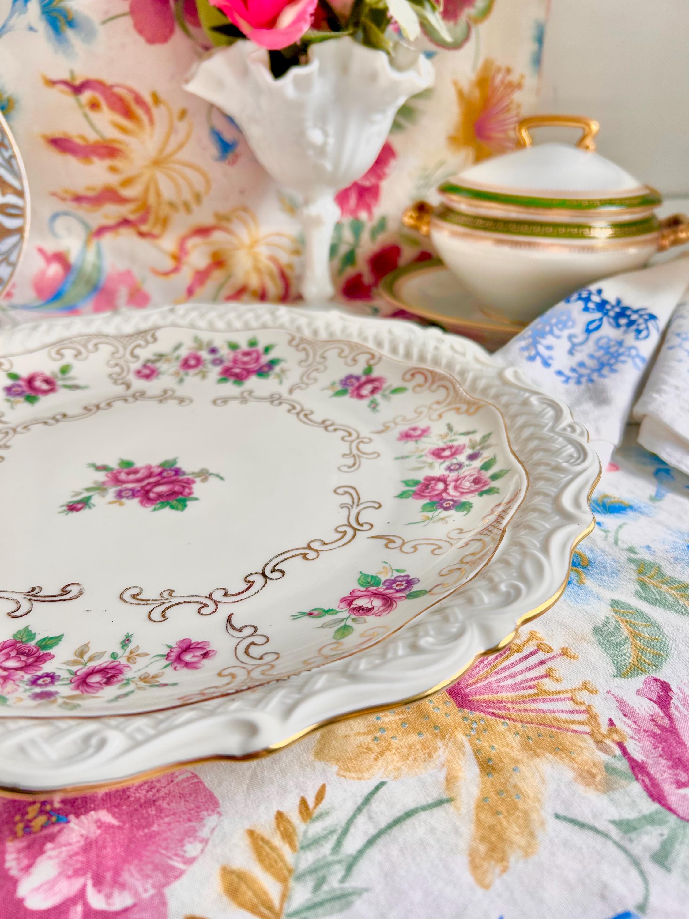 Vintage Bavaria Porcelain Platter: 12" Floral Basketweave Gold Trim