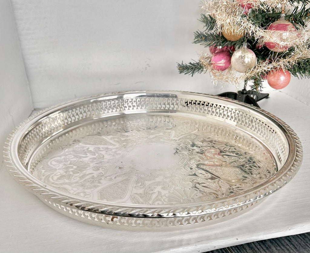 Large 15 inch Vintage Silverplate Gallery Tray Reticulated Rim Oneida USA