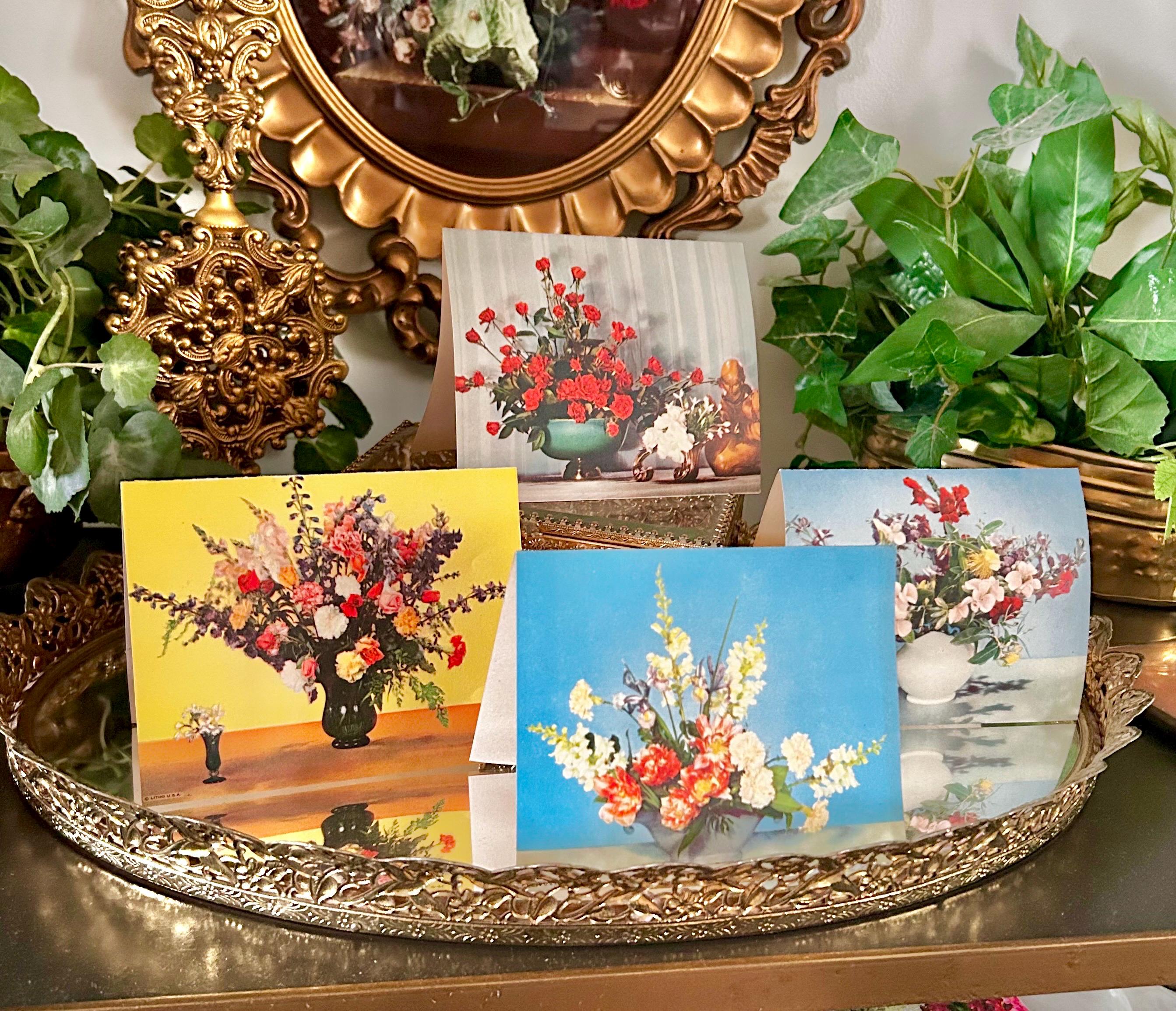 MCM 1950s Floral Blank Notecards, Litho USA, Printed in Milwaukee, Set of Eight